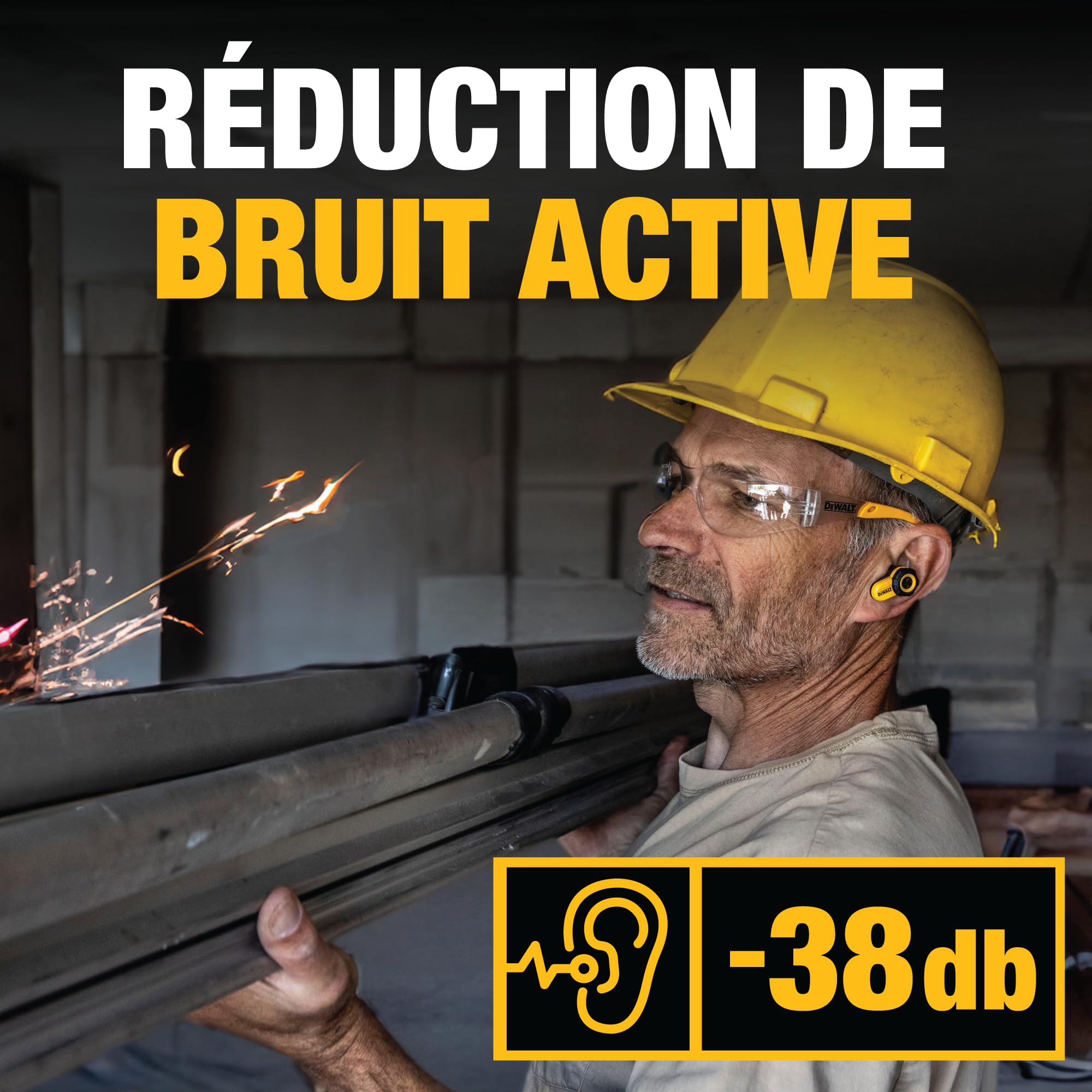DEWALT Écouteurs sans Fil Bluetooth Robustes Jobsite Pro X2 ANC, réduction Active du Bruit, Commandes rotatives, autonomie de 10 h (Plus de 40 h avec étui), 4 Modes d'égalisation, IP54
