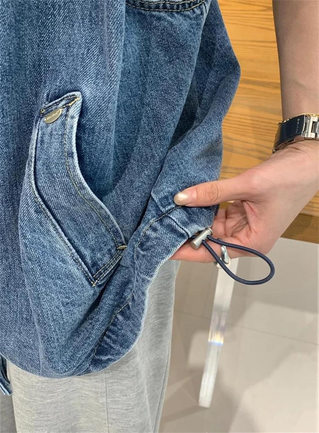 Women’S Zipper Drawstring Denim Vest Casual Shoulder Coat Round Neck Jacket Cotton Loose Fit Summer Country Outfits