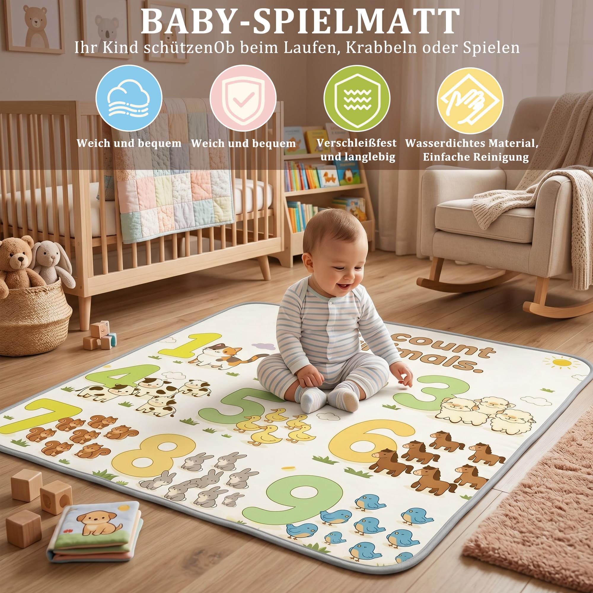 Koonmi Baby Spielmatte 120 cm, Krabbelmatte mit Zahlenmuster | Wasserdicht, für innen und außen, leicht zu reinigen, weich und robust für Babys und Kleinkinder