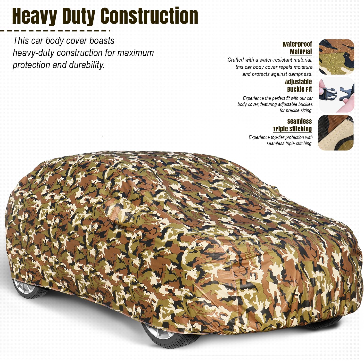 Pivalo Car Body Cover for Kia Carens All Model & Years (2022-2025) 100% Waterproof with Mirror Pockets, Triple Stitched Dustproof Heat Resistant UV Protection (Military/Jungle/Camouflage) - Image 3 thumbnail