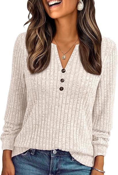 AUTOMET Womens Henley Long Sleeve Shirt Fall Top V Neck Fashion Dreesy Casual Tunic Sweaters Clothes Trendy Work Outfits