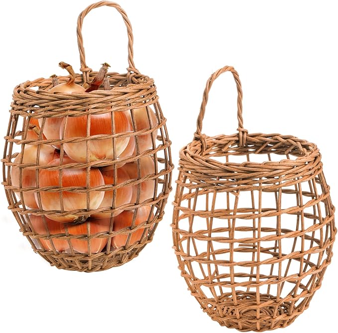 Elsjoy Set of 2 Wall Hanging Onion Basket, Wicker Woven Basket Handmade Rattan