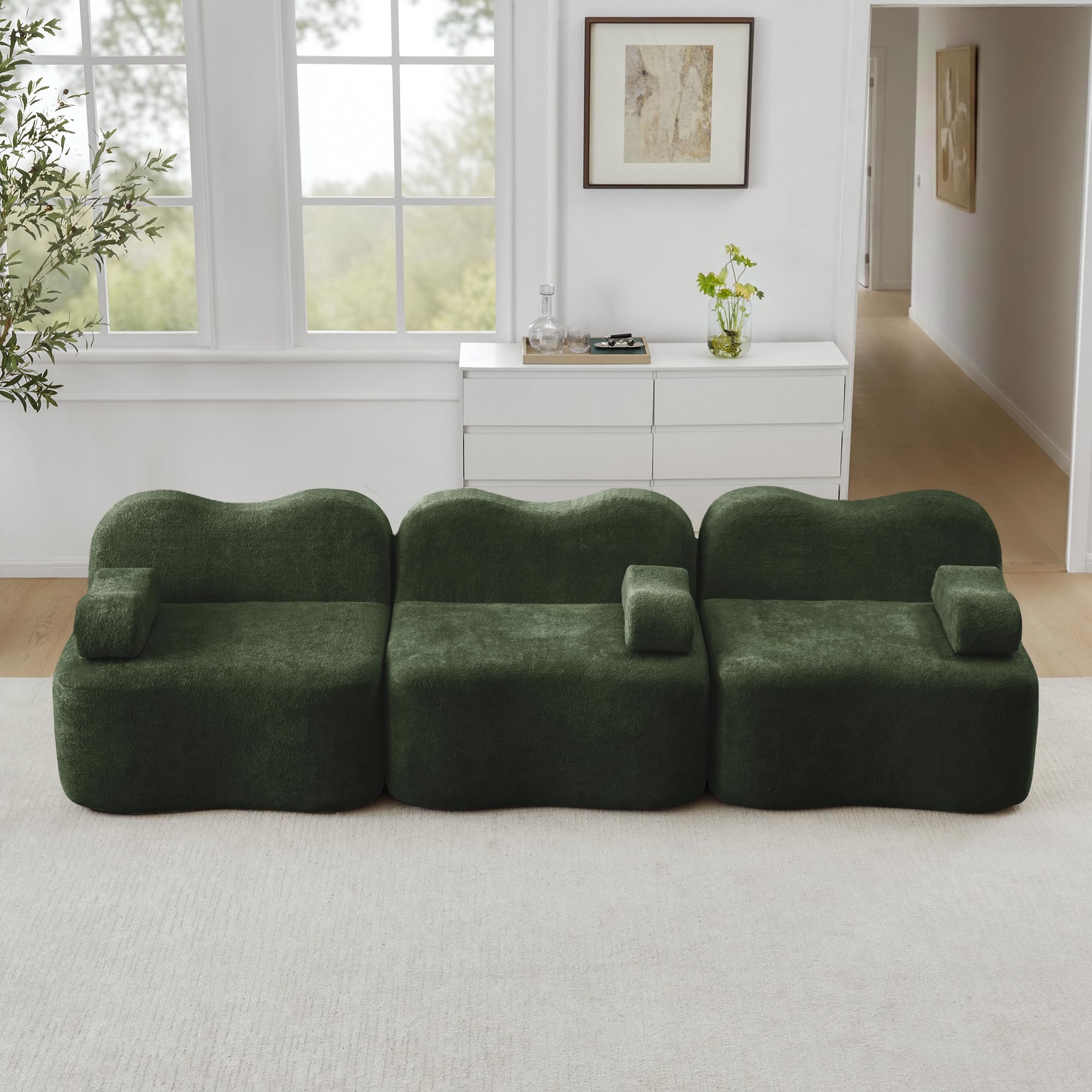 Boneless Sofa 3 Sitzer, Modulares Cloud Sofa ohne Aufbau, Wellenform, 32D Schaum, Tiefe Sitzfläche, Bewegliches Armkissen, für Wohnzimmer, Grün
