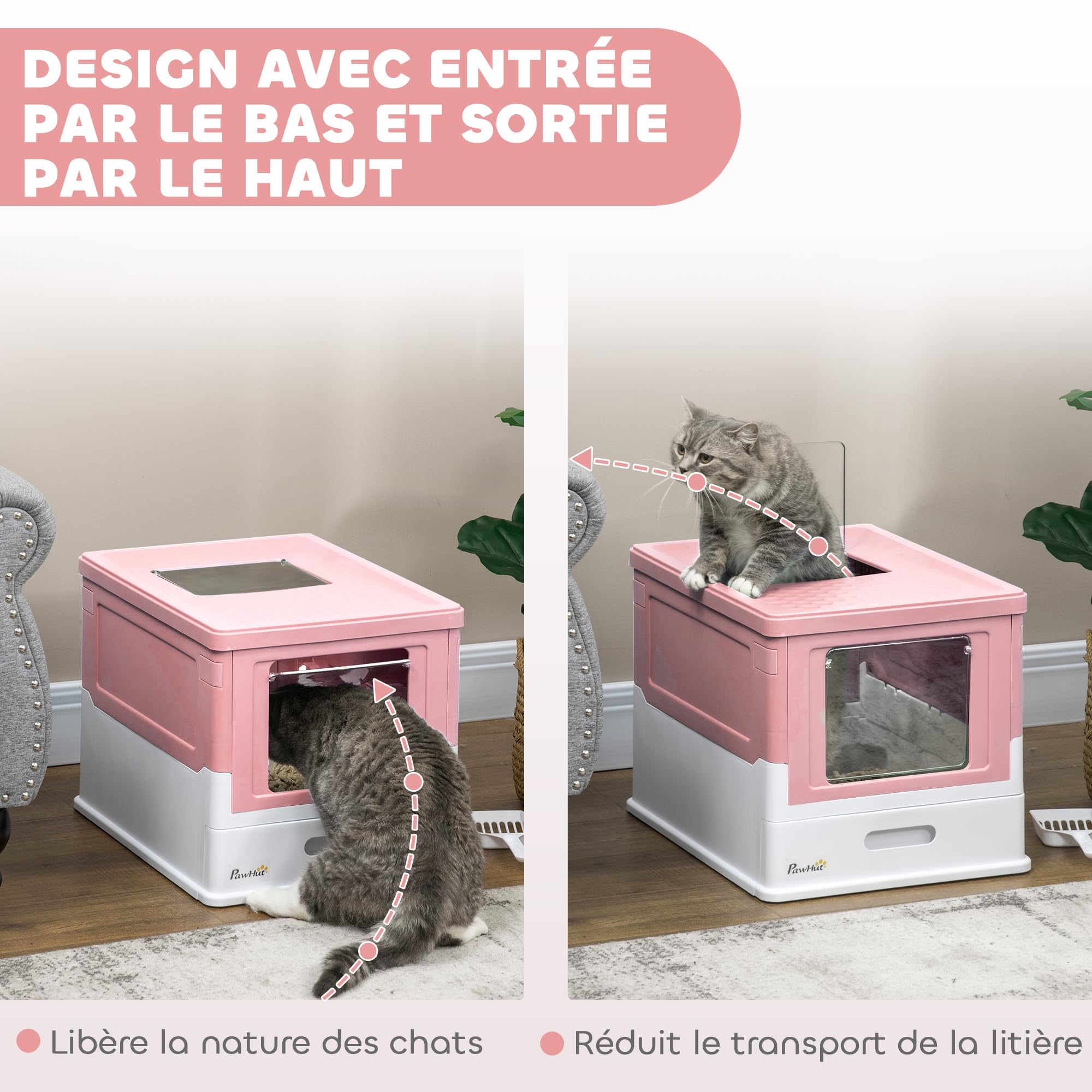 PawHut Bac à litière pour Chat Maison de Toilette fermé Pliable Double Porte battante et supérieure + Pelle + tiroir Amovible Anti-éclaboussures Nettoyage Facile - 47,5x35,5x36,7cm Rose Blanc