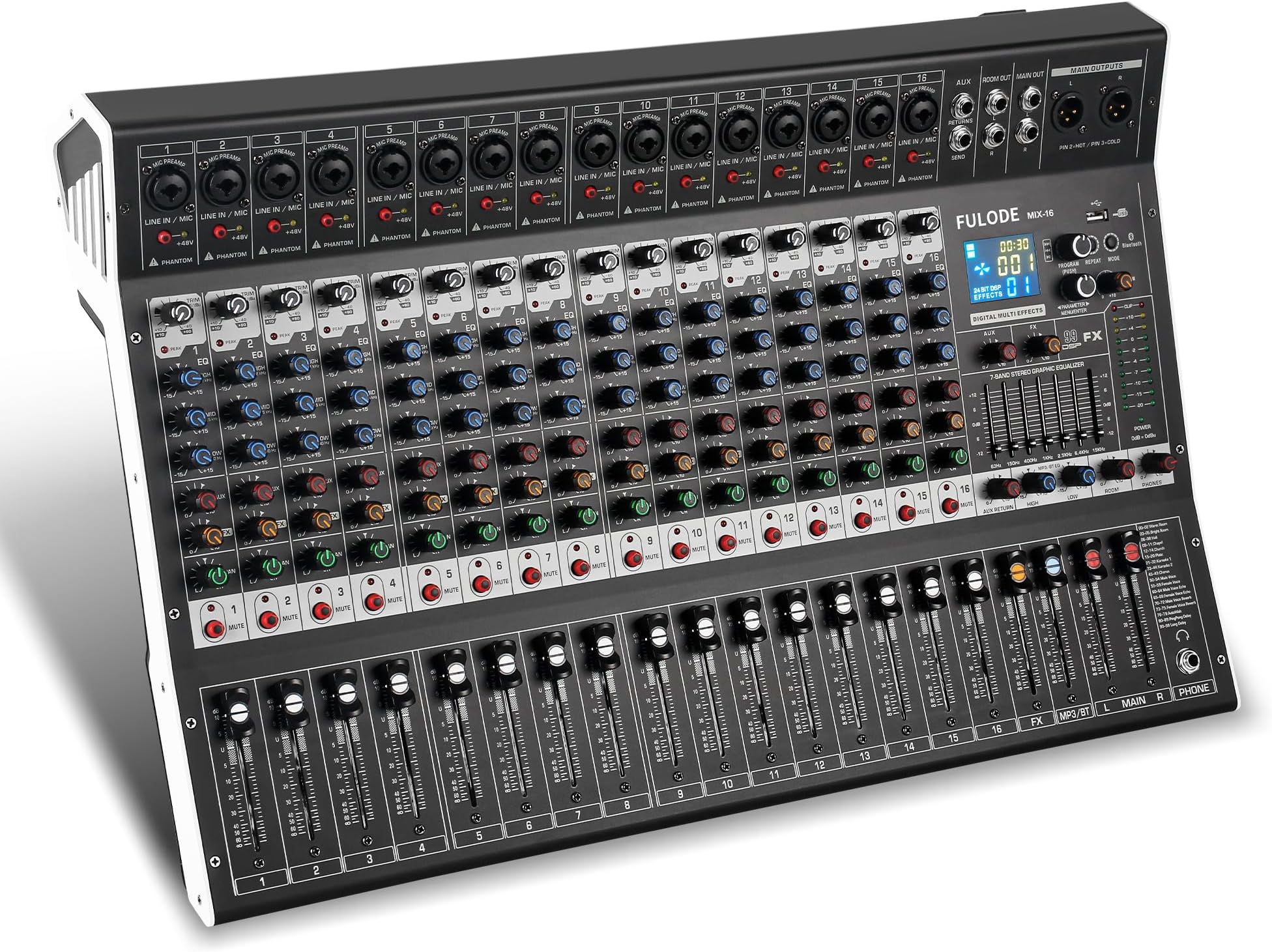 16-Channel Audio Mixer with 99 DSP, Professional Audio Console Digital Sound Music Mixing Board DJ Mixer w/USB Input Bluetooth MP3 48V Power Supply Mute Function for Studio Live Performance
