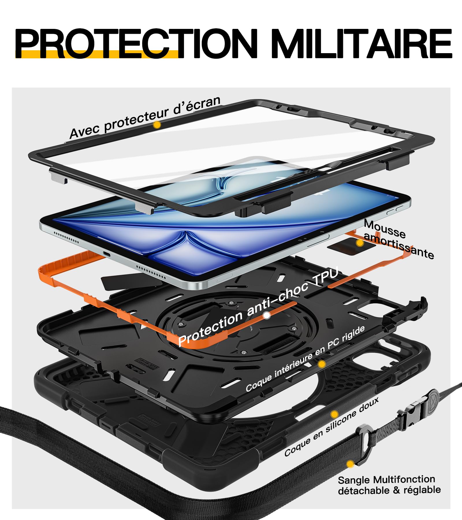BRAECN pour Coque iPad Air 11 Pouces 2026 M4/2025 M3/2024 M2, Étui de Robuste avec Film Protection, Support Rotatif à 360°et Dragonne, Bandoulière, Porte-Stylet, Noir
