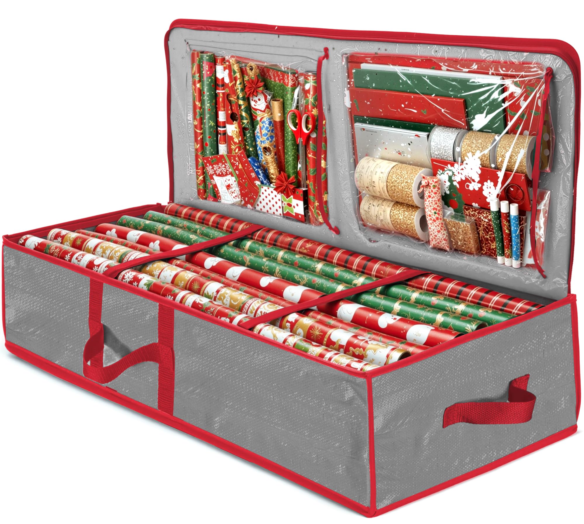 Zober Grey Christmas Wrapping Paper Storage Bag With Interior Pockets - Fits 18-24 Rolls - Gift Wrap Organiser For Christmas Decorations Bows, Tags & Ribbons - Durable Tear Proof Wrapping Paper Storage Box