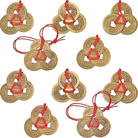 Chinese Feng Shui Good Luck Coins with Red String (10 Pieces)