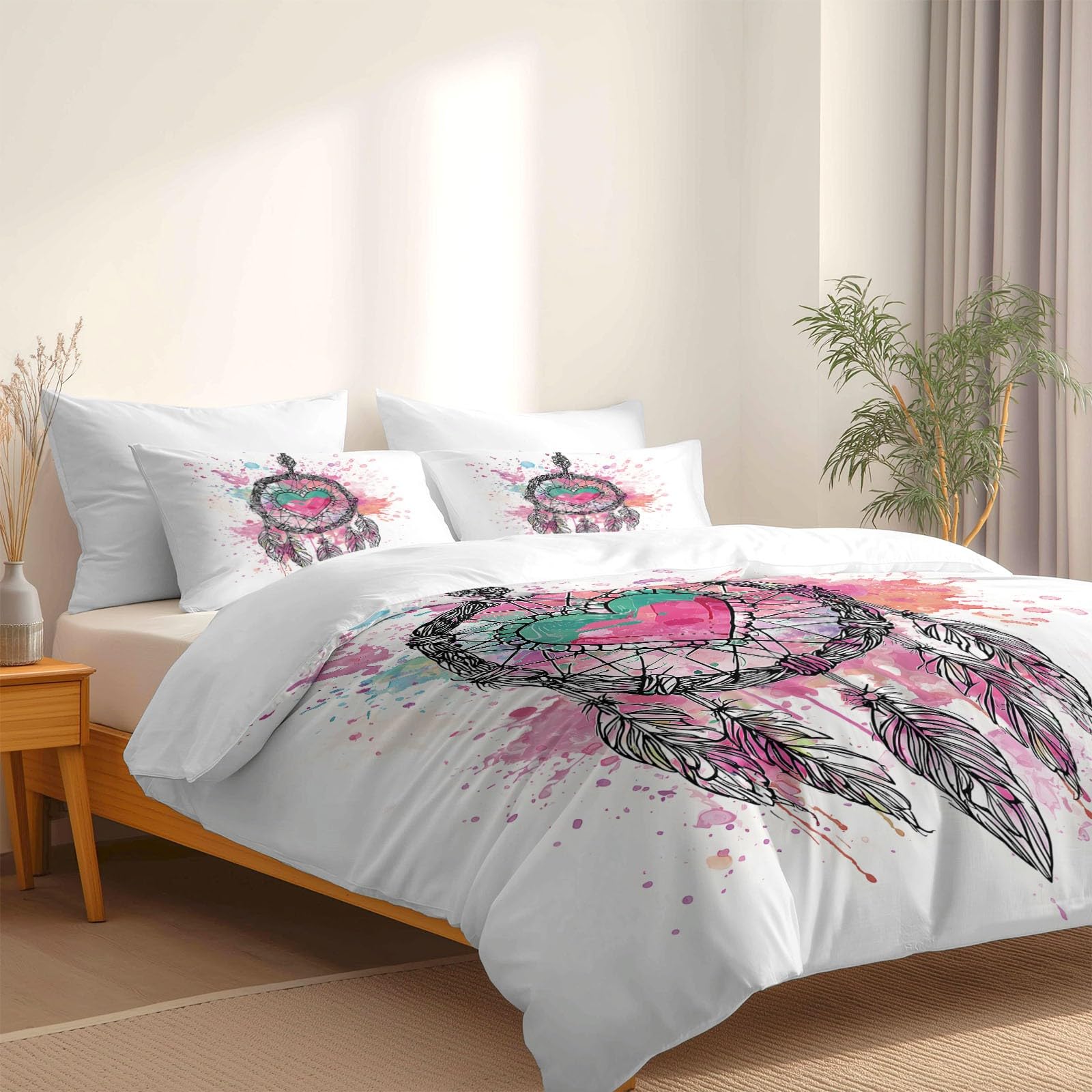 Generisch Ästhetischer Boho Stil 3-teiliges Bettwäsche-Set, 1 Bettbezug 240 x 220 cm und 2 Kissenbezüge 80 x 80 cm, Weiß, Herz Traumfänger Federn, Pflegeleicht, Erwachsene, Schlafzimmer