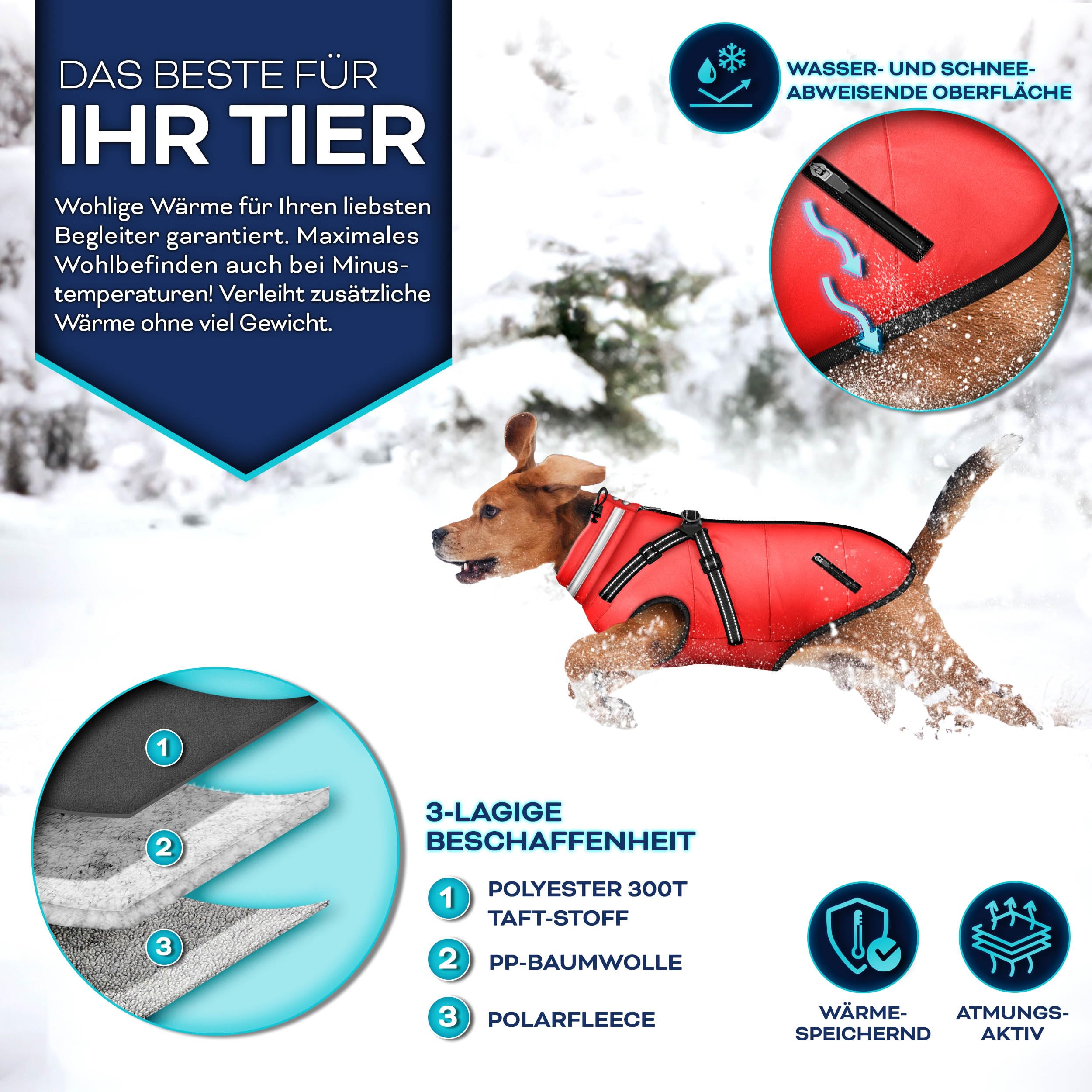 TRESKO® Hundejacke Winter mit Reflektoren mit 15 Stück Kotbeutel + Spender | Hunderegenmantel wasserdicht | Hundemantel mit Geschirr | Hunde Winterweste gefüttert für kleine, mittelgroße und große Hunde