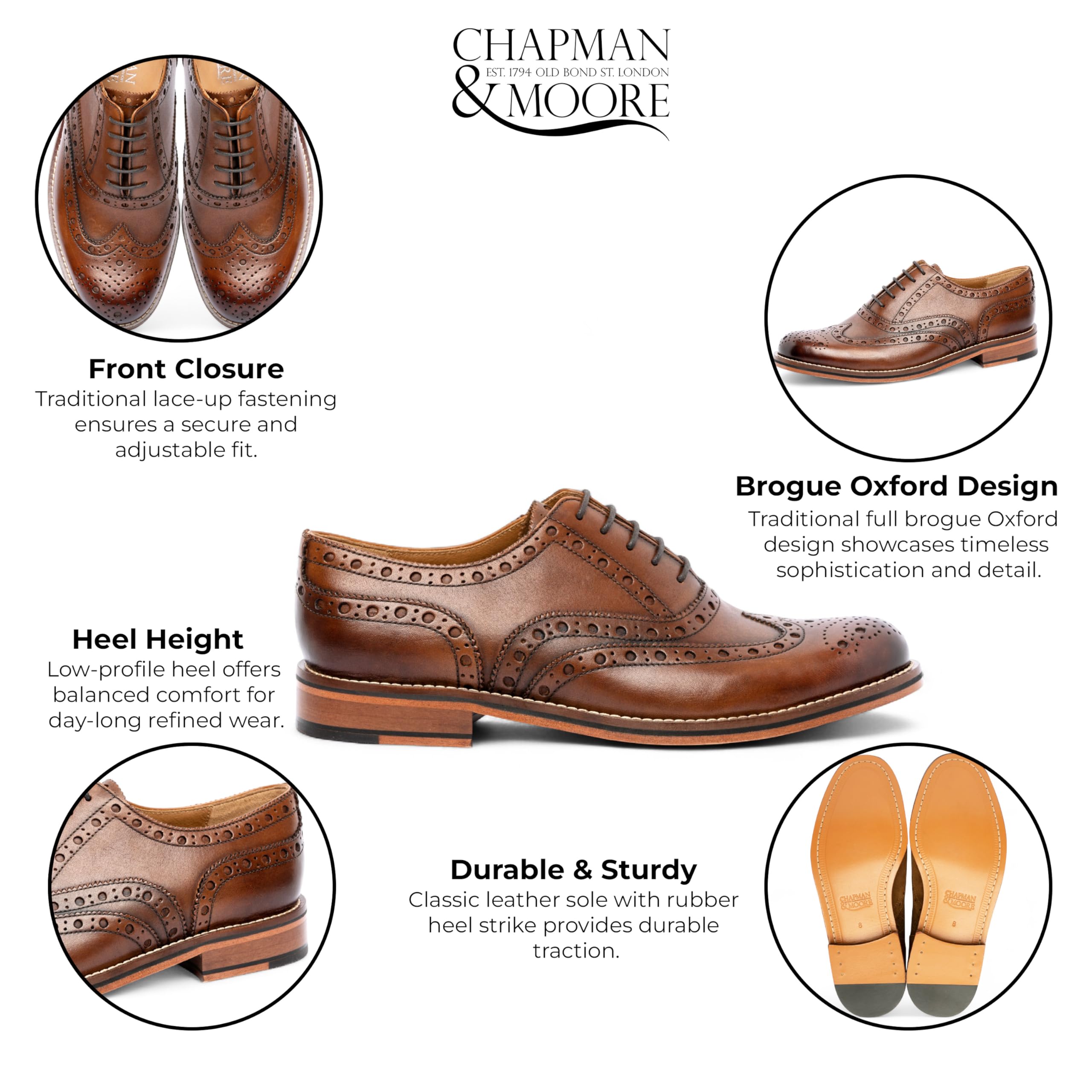 Chapman & Moore - Scarpe da uomo in pelle, con punta a ala, stile Oxford, formale