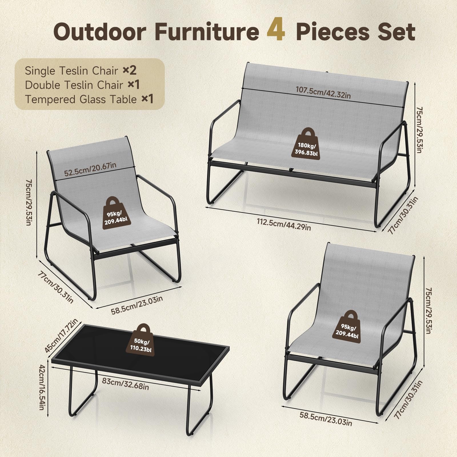bigzzia Conjunto Jardín Exterior de 4 Piezas, Muebles Jardín Exterior con 1 Mesa, 1 Banco y 2 Sillas Impermeables y Transpirables para Exteriores Patios Piscinas (Gris Oscuro)