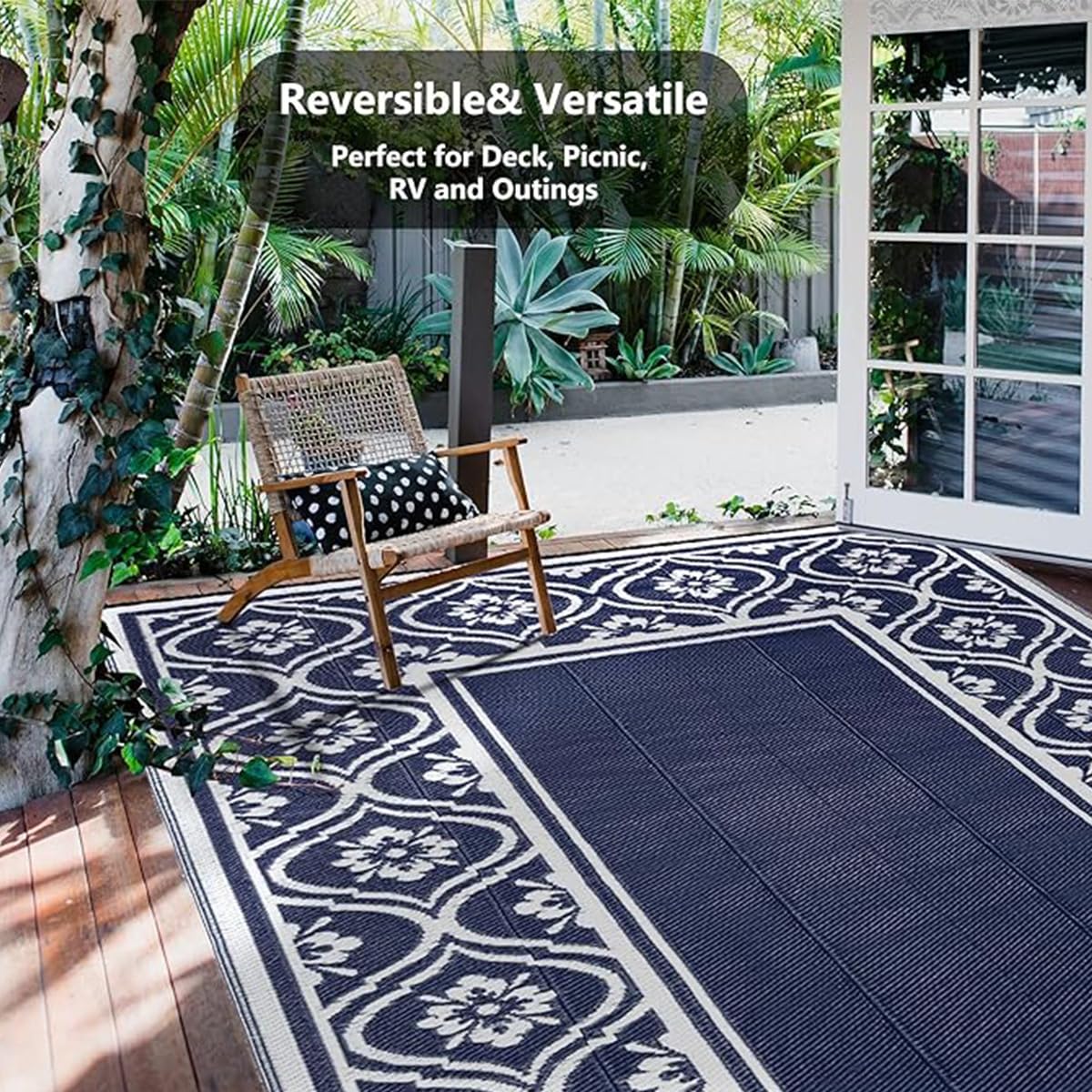 Hiseng Tapis d'extérieur Imperméable Terrasse Balcon, Motif Floral Géométrique Tapis de Sol Réversible en Plastique Résistant aux Intempéries aux UV pour Jardin, Camping (Bleu Marine,183x274cm)