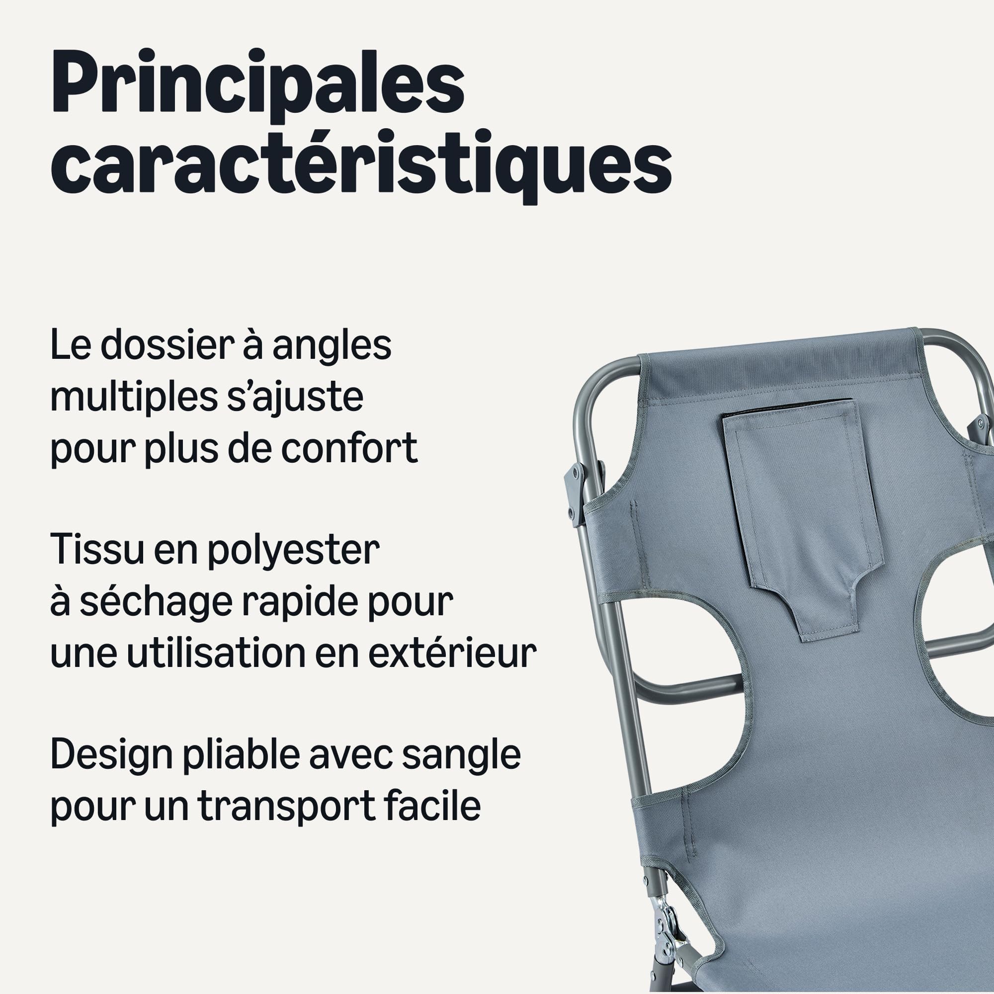 Amazon Basics Chaise Longue, Design Pliable avec Dossier Multi-Angles, Gris, Lot de 1