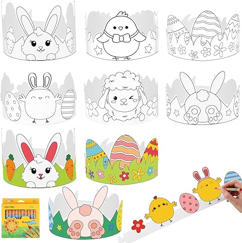 ReliThick Juego de 30 juegos de corona de Pascua con crayones para niños, diadema de papel ajustable para colorear de Pascua, huevos de Pascua,