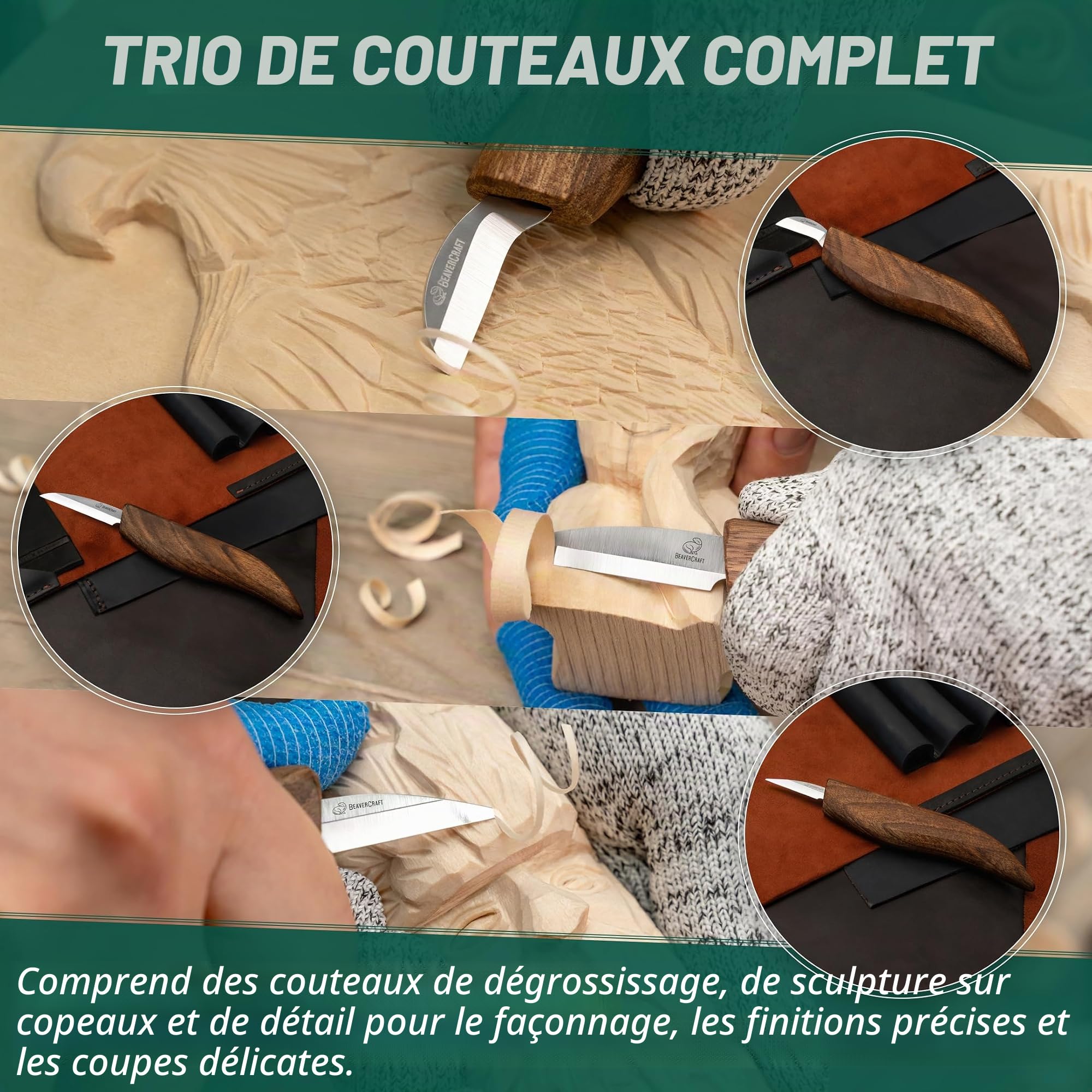 BeaverCraft Deluxe S15X Set de couteaux de sculpture sur bois avec étui en cuir - Kit de sculpture sur bois de qualité supérieure avec affûtage en cuir et pâte à polir