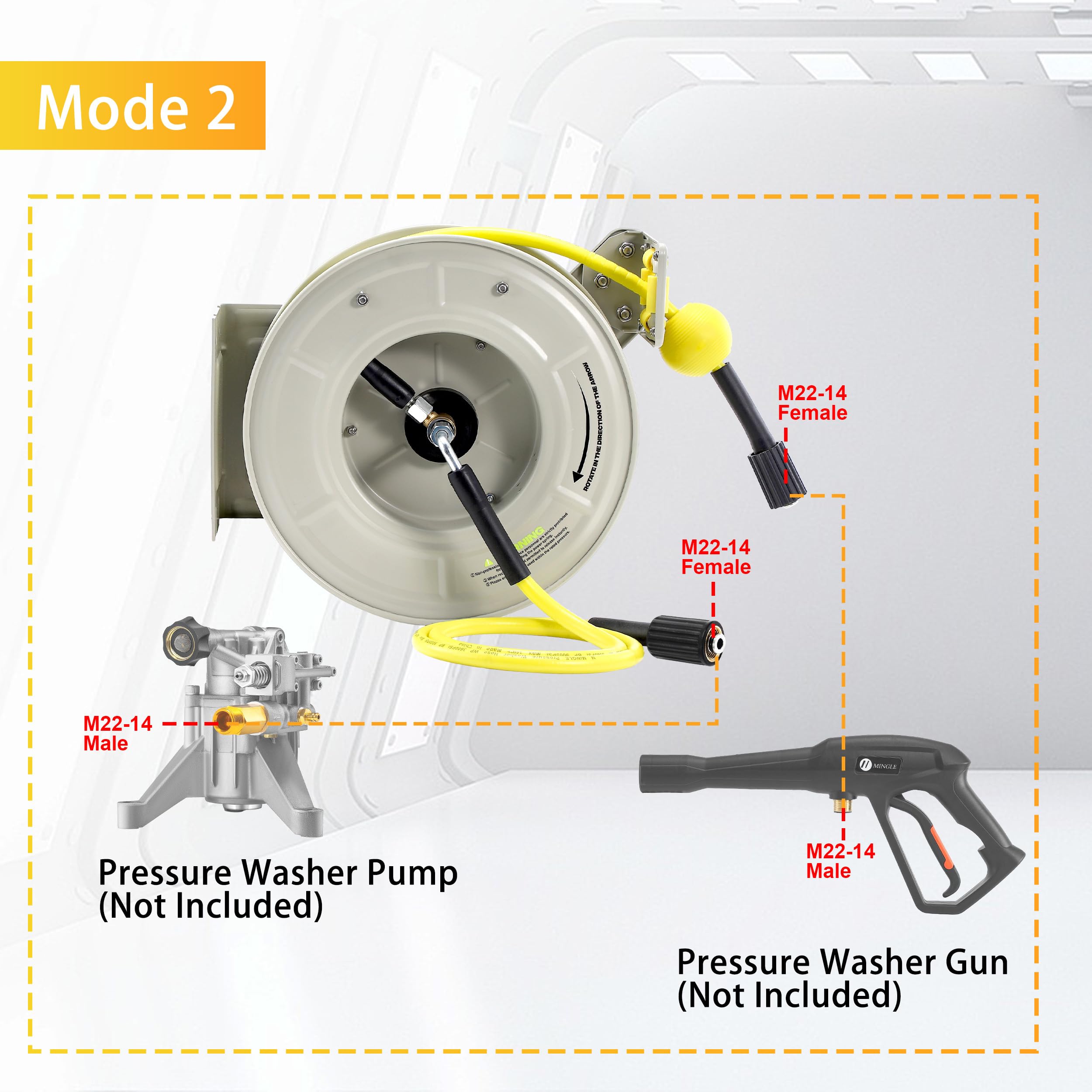 M MINGLE Wandmontierte aufrollbare Hochdruckreiniger-Schlauchtrommel, kompatibel mit Karcher K-Serie (K2-K7), 1/4" × 18 m, 248 bar(3600 PSI)