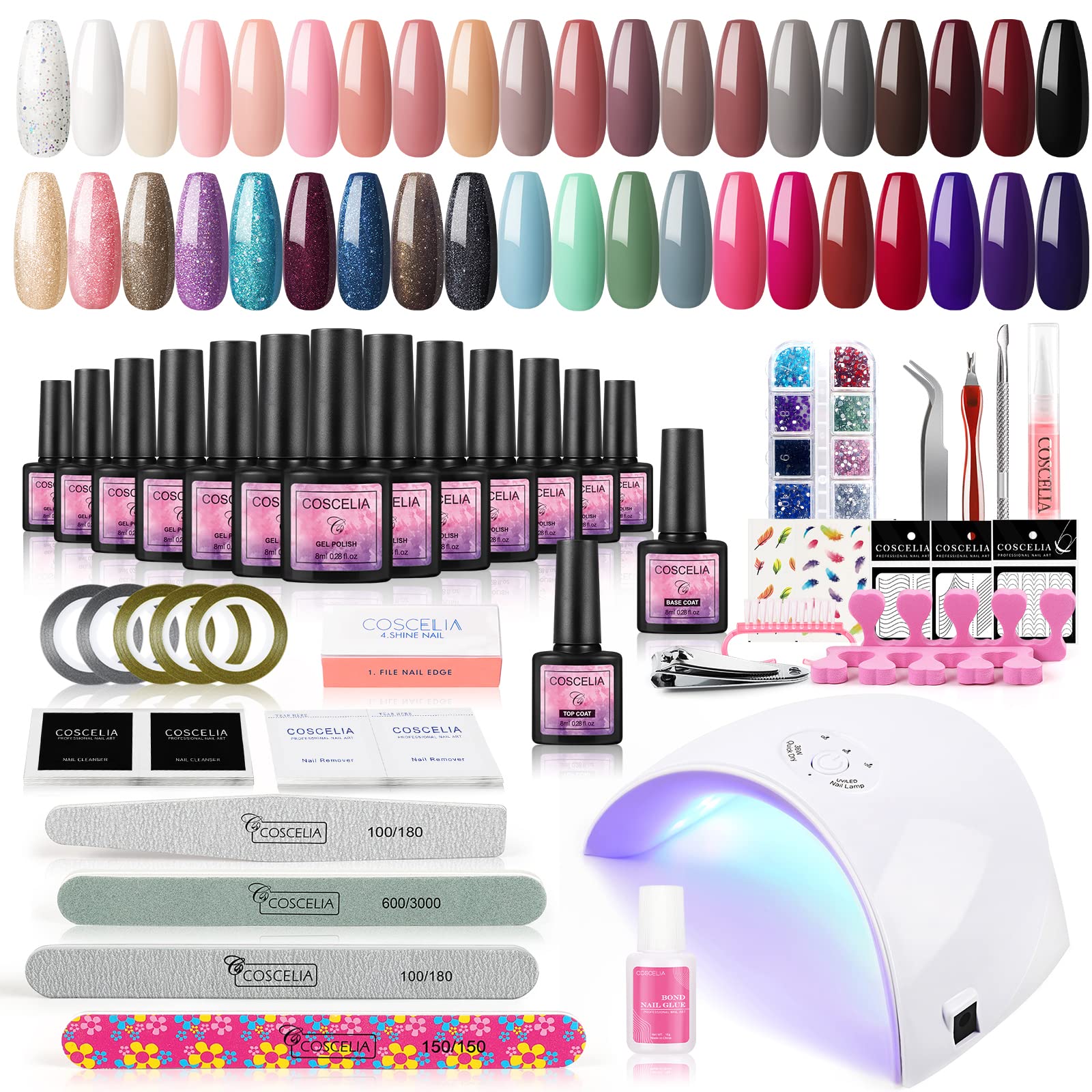 Gel Nail Polish Kit with U V Light 36W 40pcs Gel Polish Set - Professional Full Color Soak off Nai Polish Base Top Coat Nail Art Stickers Rhinestones Gel Manicure Kit for Starter Nail Salon DIY Home