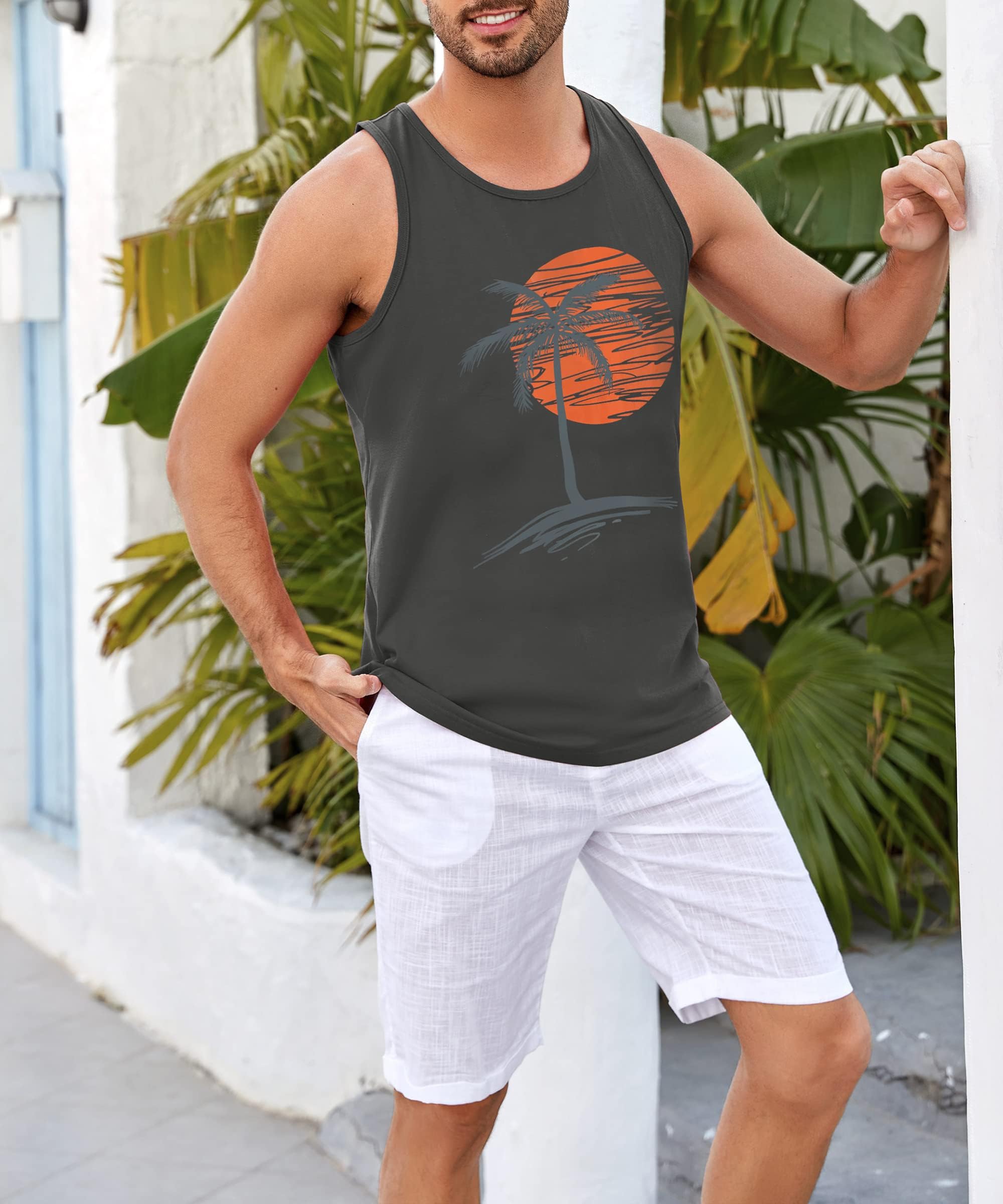 Runcati Camiseta de tirantes estampada para hombre, sin mangas, para deporte, fitness, gimnasio, entrenamiento, camiseta interior de algodón, transpirable, para culturismo