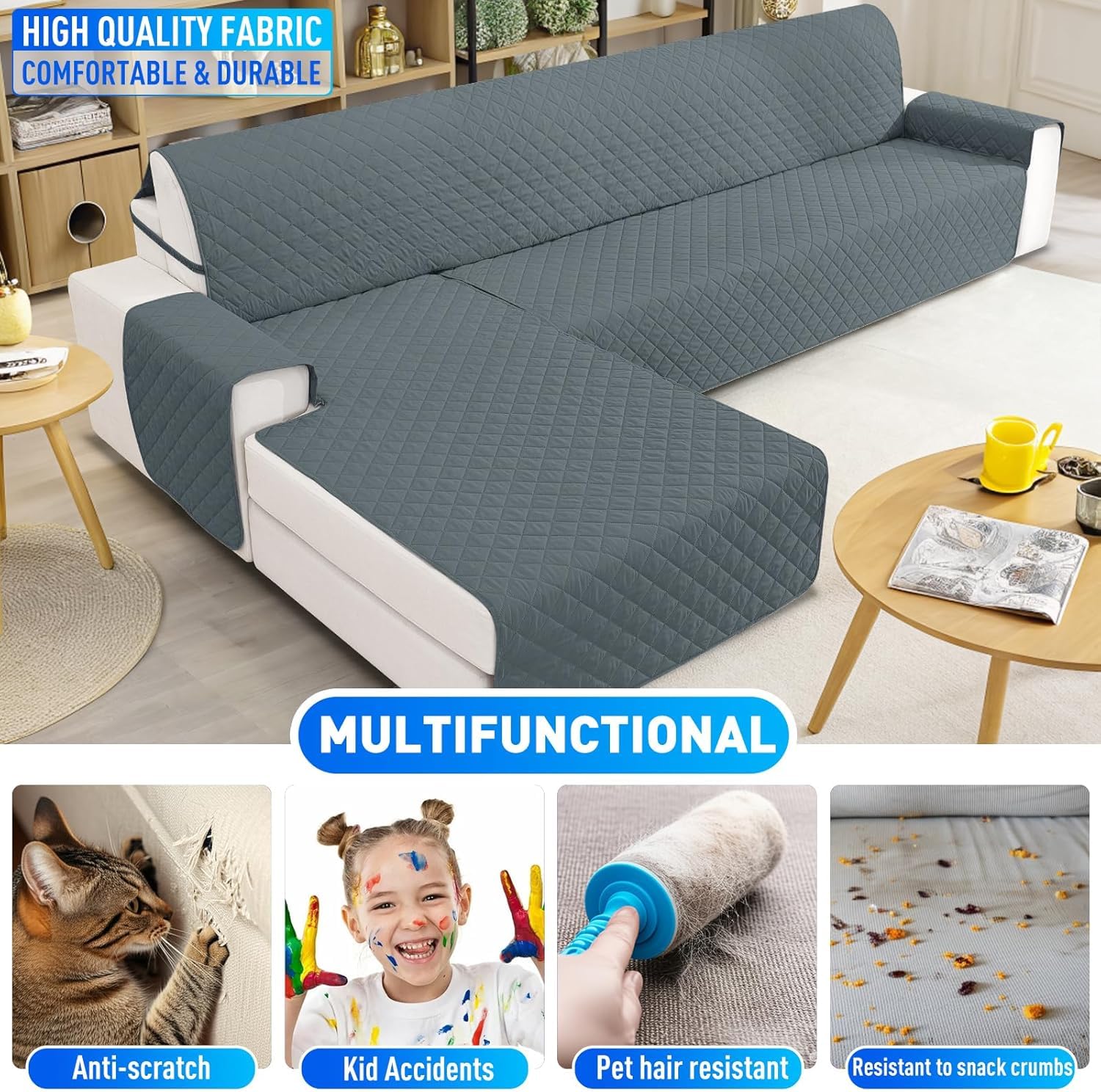 Impermeable Funda Sofa Chaise Long 3 Plazas, Funda Chaise Longue Derecho/Izquierdo Reversible, Universal, Ajustables, Antideslizante, Lavable, para Gatos Perros, Gris Oscuro