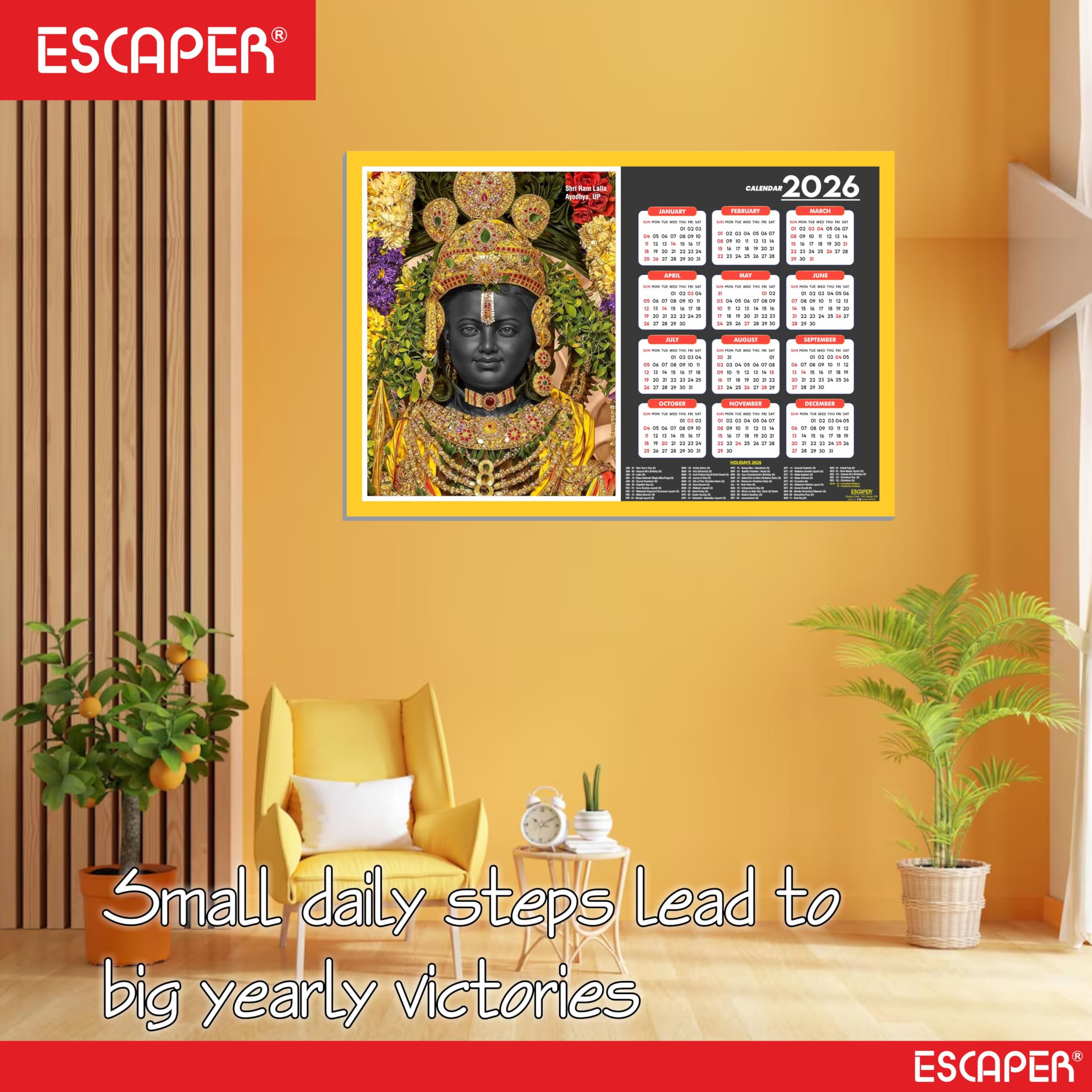 ESCAPER Calendario de pared Shri Ram Lalla 2026 – 45 x 30 cm, templo Shri Ram Lalla y fotos, calendario de pared religioso del dios hindú para el hogar, la oficina y la habitación Pooja