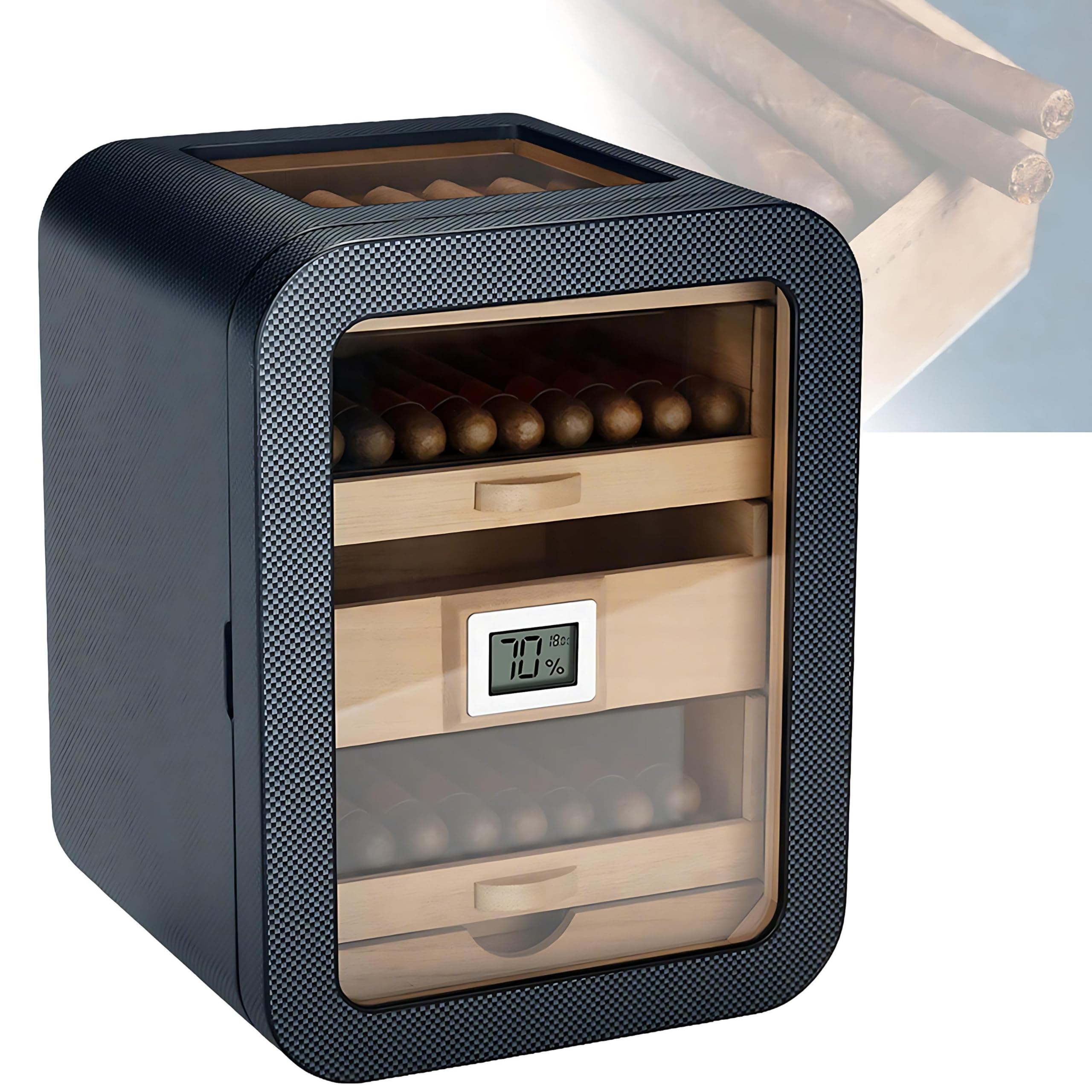 Humidor Na Cygara, Szuflada Z Drewna Cedrowego, Mieści Około 110 Cygar, Uszczelniony I Chroniący Przed Wilgocią, Okno Z Wysokiej Przejrzystości,Do Użytku Domowego,Biura Withsunroof-Carbonfiber