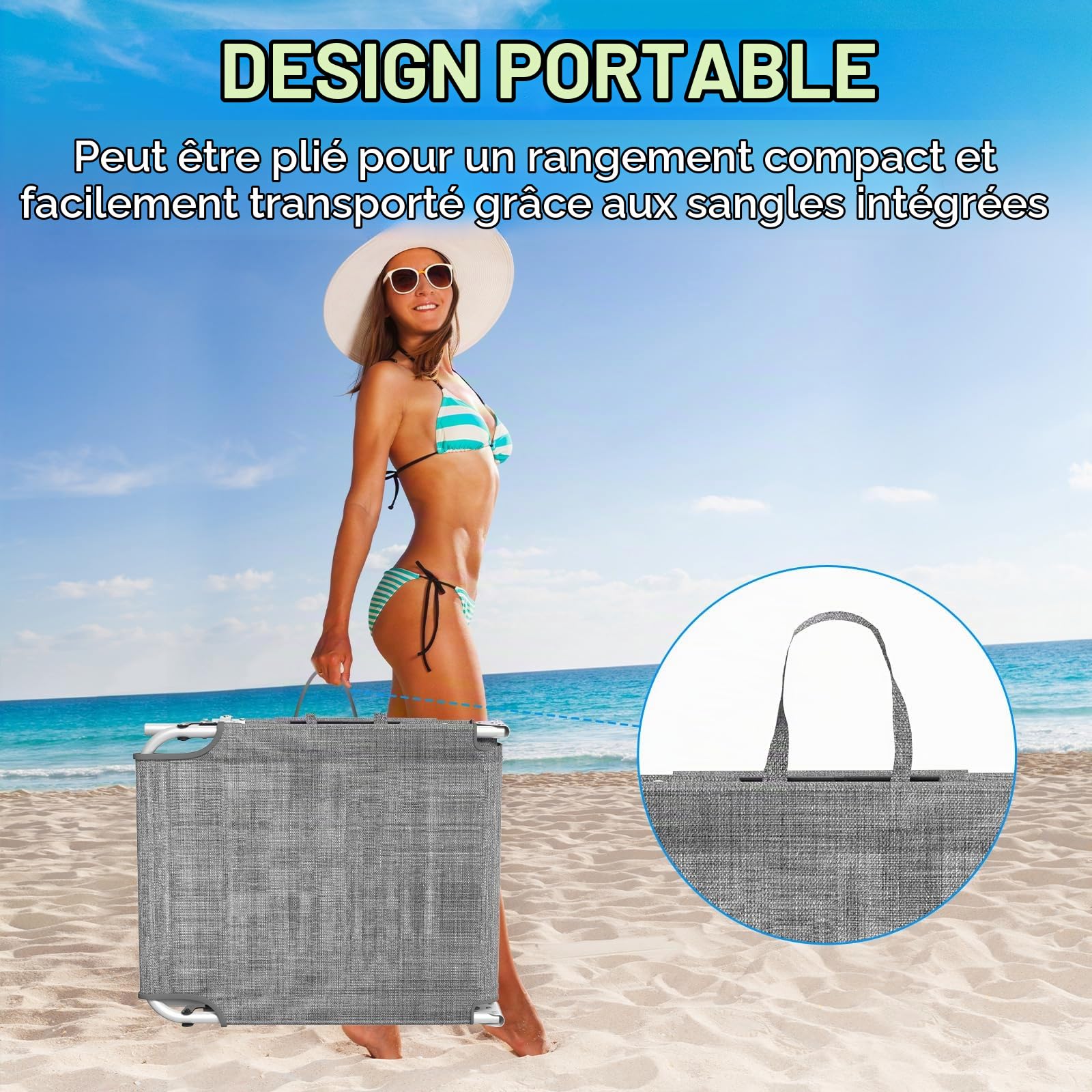 Chaise Longue Pliante，Bain de Soleil Jardin Exterieur，69*195*29CM,Transat de Plage Pliable avec Pare Soleil、Dossier Inclinable et Pochette，Fauteuil Relax，Chaise de Camping Piscine，Gris