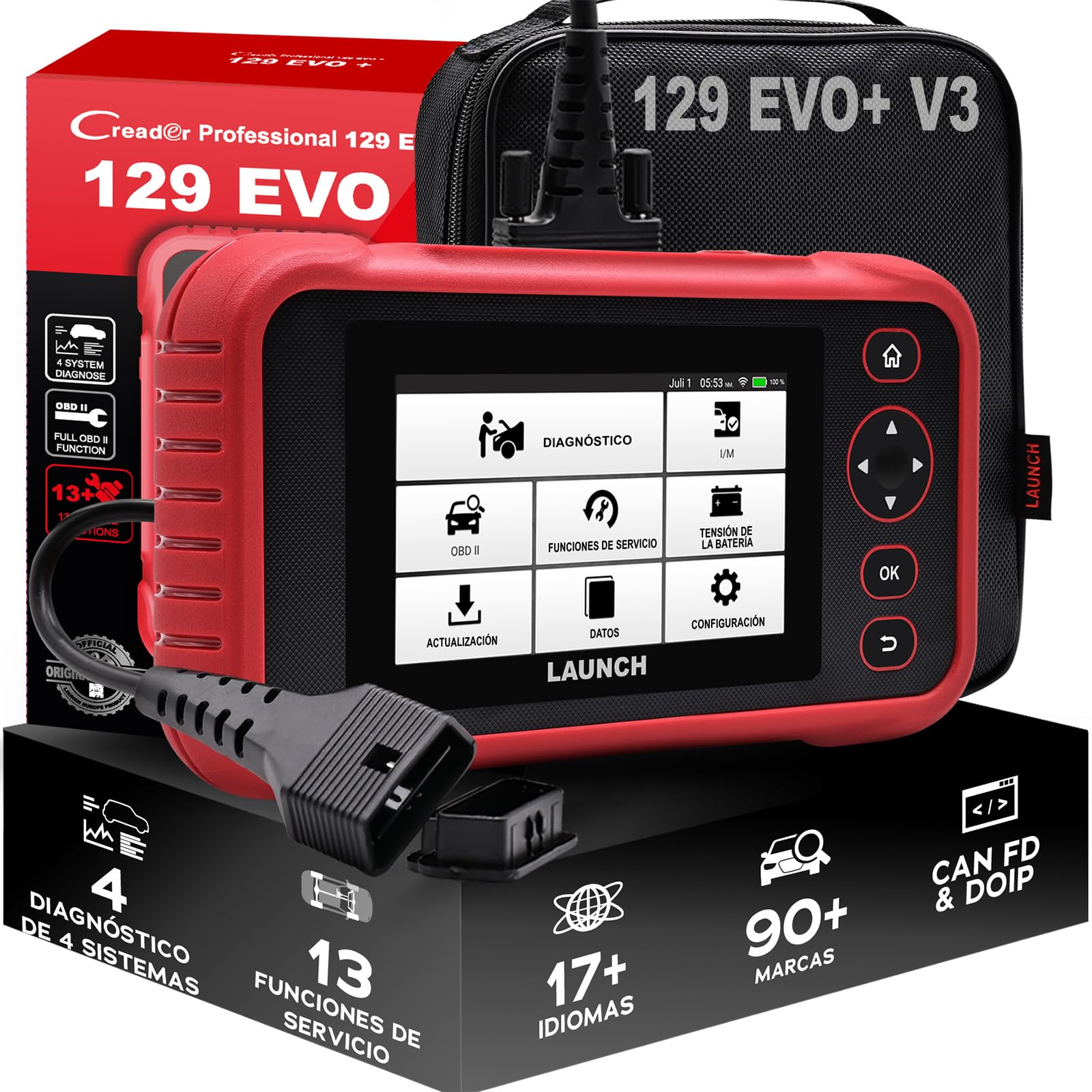 Launch CRP 129 EVO+ V3 OBD2 Escáner, Motor/ABS/SRS/Transmisión, 13+ Funciones de Servicio, Informe de Diagnóstico, Vin, Can FD & DoIP | con 4 Sistemas, 13 Servicios, AutoVIN, Datos en Tiempo Real, CAN FD/DoIP, BST-360/i-TPMS, Actualizaciones y Feedback