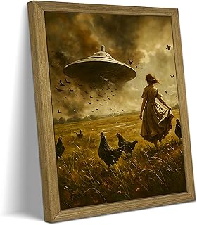 Framed Vintage landscape Canvas Wall Art, Alien UFO Wall Decor Oil Painting, Unique Artistic Landscape Painting, Retro Sci-Fi Poster for Living Room Bedroom 8x10 Inch