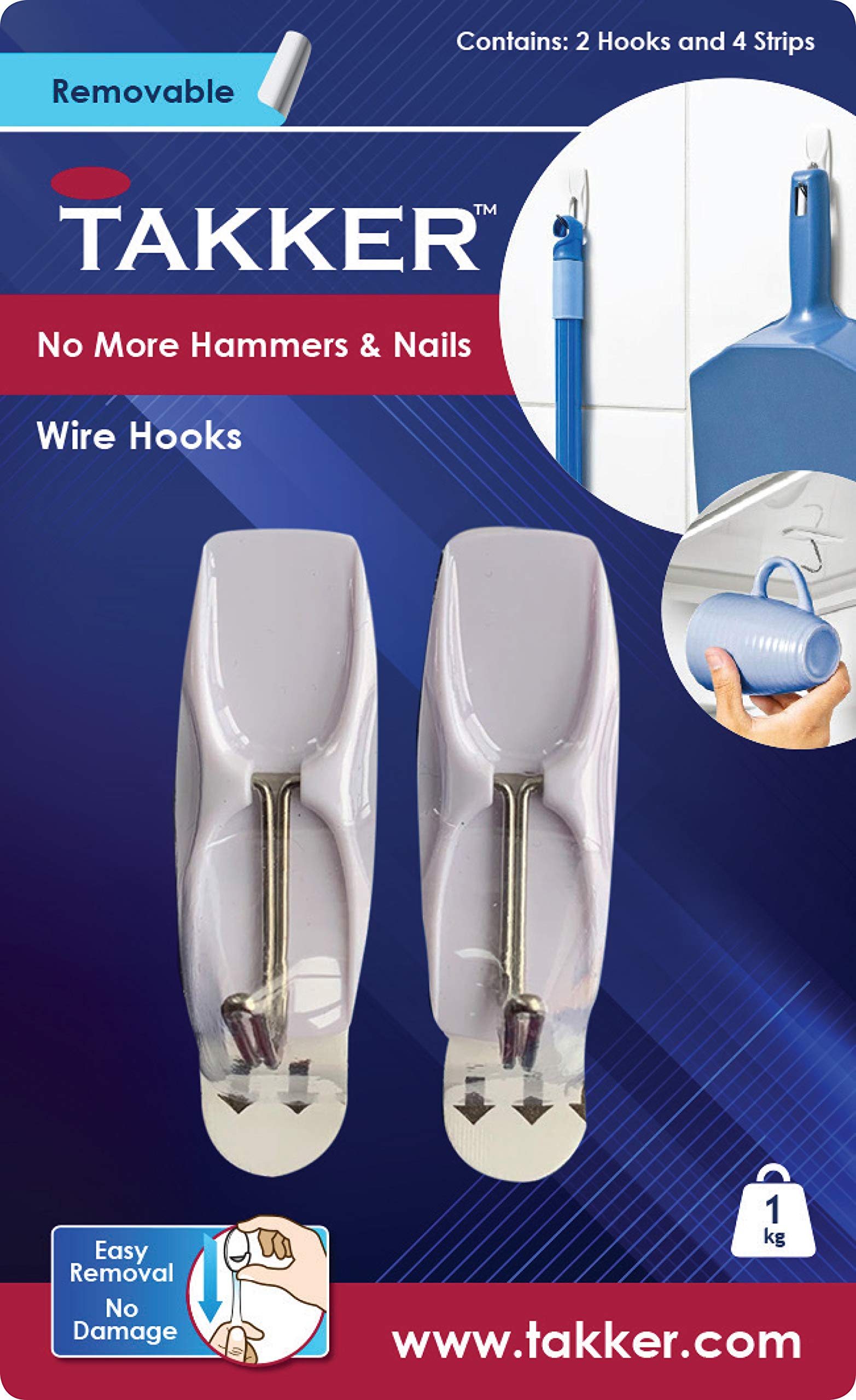 Takker Wire Hooks - 2 Hooks, 4 Strips - Damage-Free Hanging - Max 1kg Weight Capacity