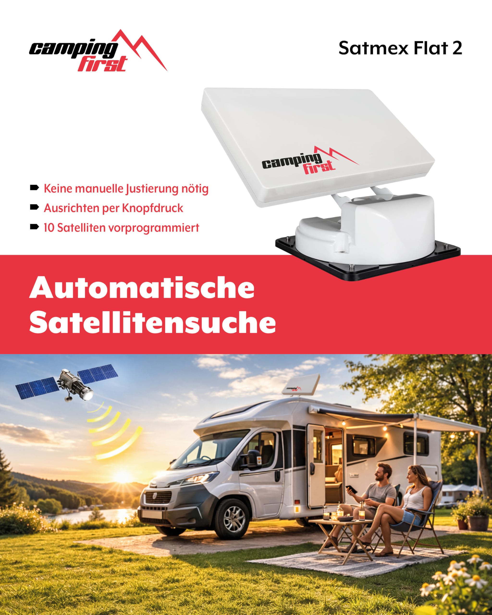 Satmex Flat 2 – Vollautomatische Camping-Antenne (Satelliten-Antenne, für 2 TVs/Receiver, für Caravan und Wohnmobil, Skew-Funktion) – Weiß
