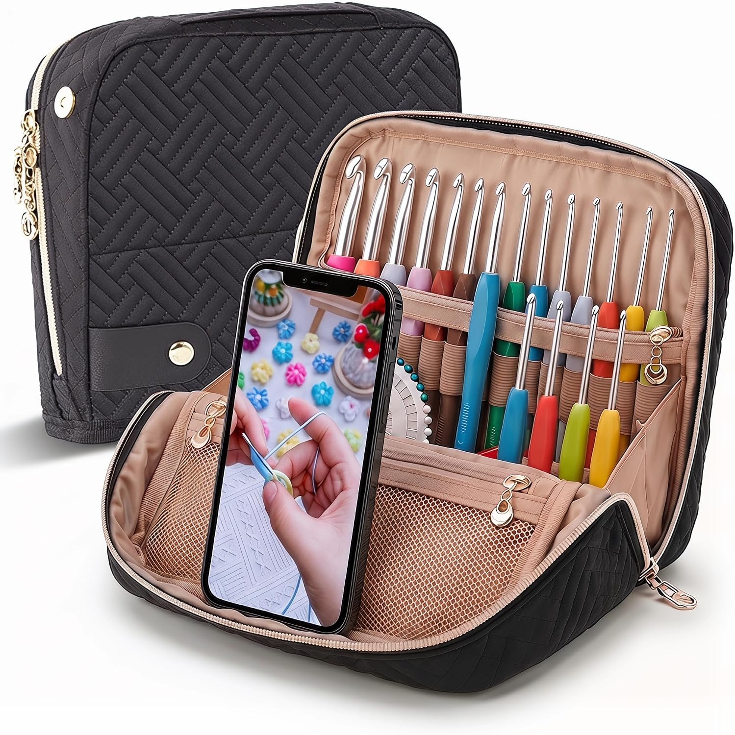 Elfzone Empty Crochet Hook Case Organizer - Empty Crochet Hook Case,Stand Up Crochet Bag for 15 mm, Knitting Needles Storage, Ideal Crochet Kit for Beginners