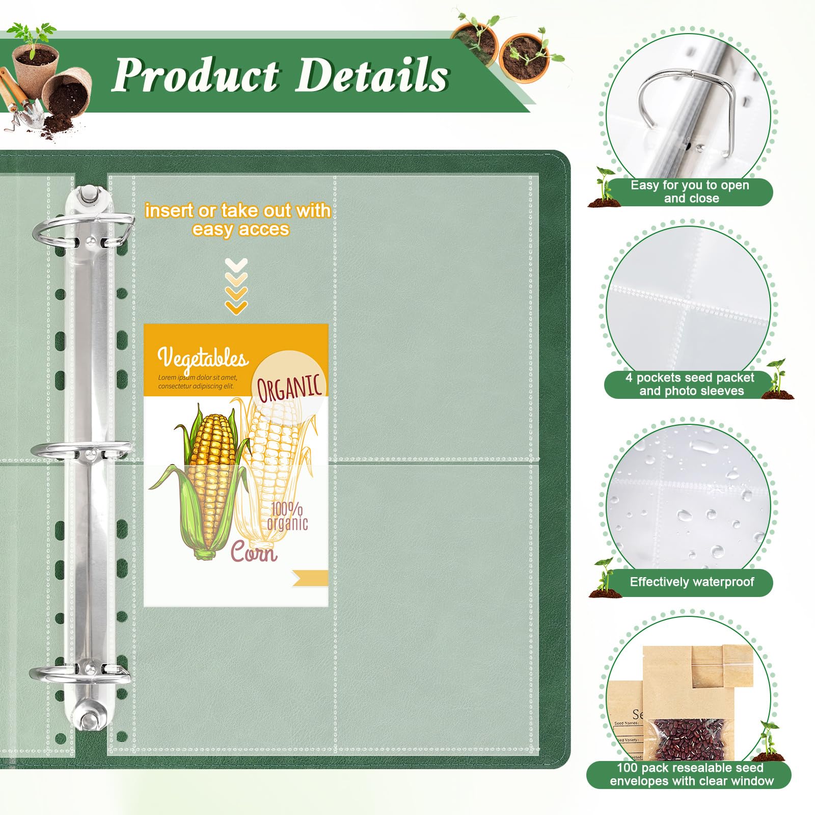 SUMMORO Organiseur de rangement de graines - Organiseur de paquets de graines de jardin avec 50 pochettes qui stockent 200 enveloppes de graines - 100 enveloppes refermables pour le stockage des
