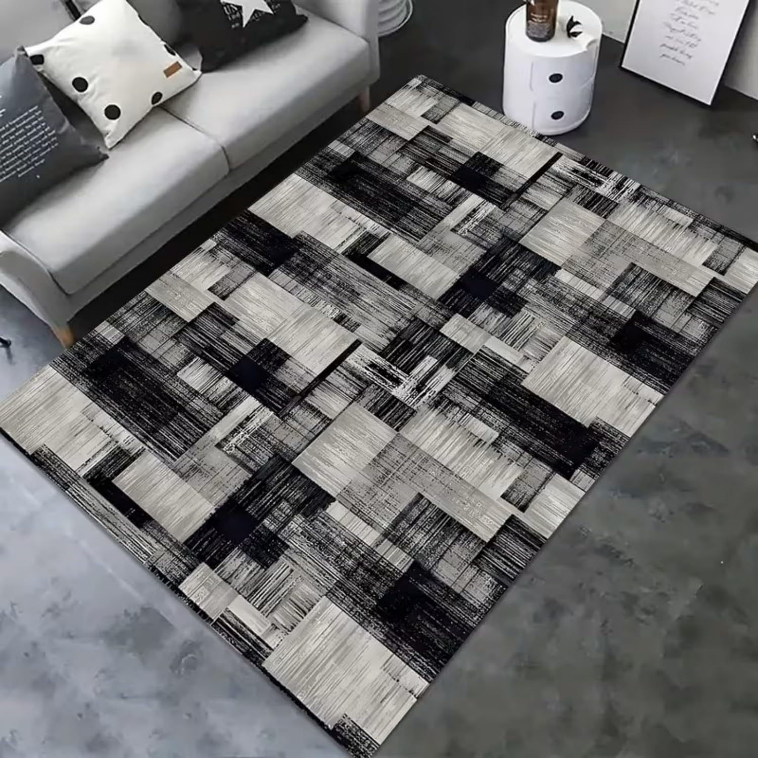SOJAWA Modern Geometric Area Rug 180x260cm, Black Grey White Abstract Patchwork Living Room Rugs, Washable Non Slip Low Pile Soft Stain Resistant Indoor Rugs for Bedroom Dining Room Home Office