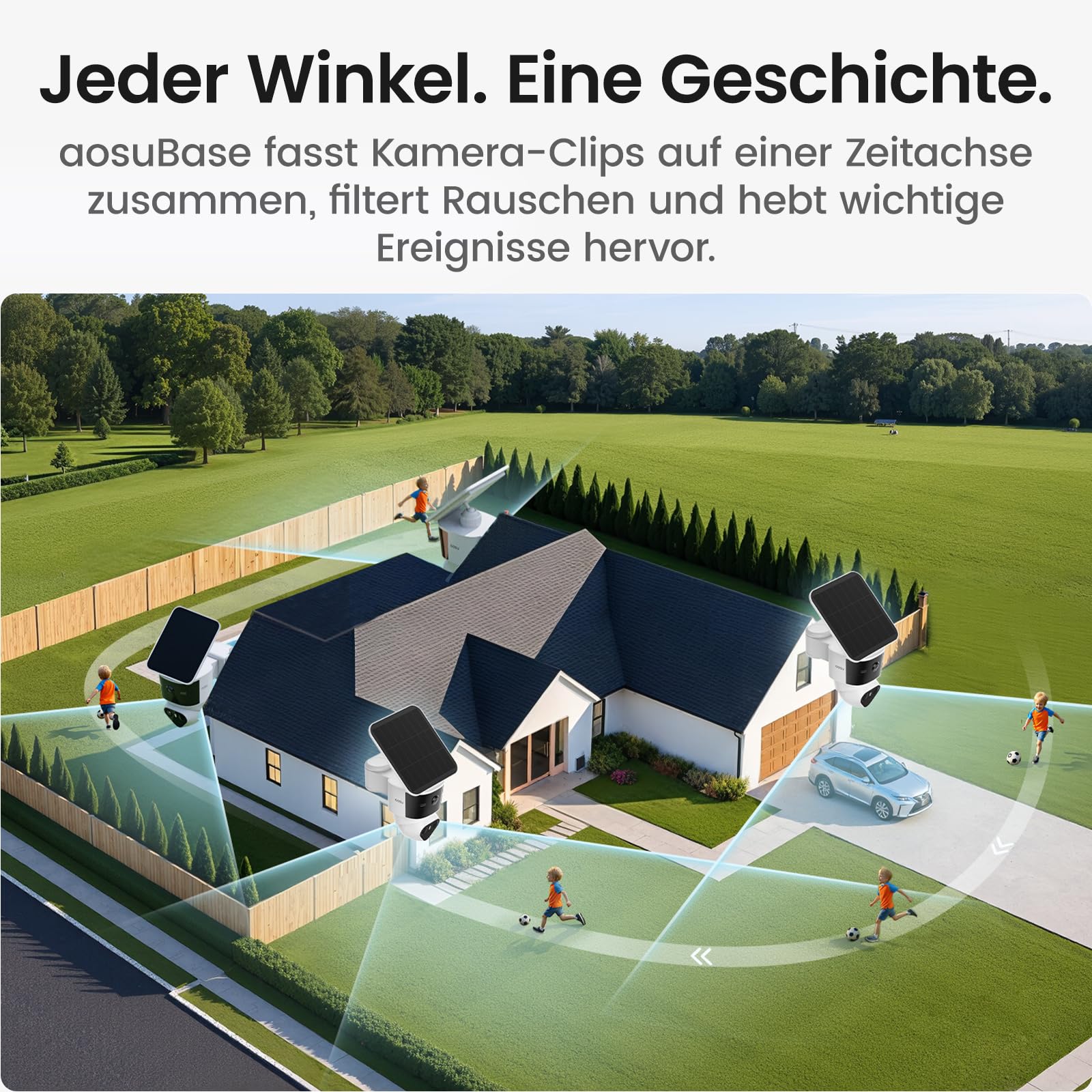 aosu T2 Pro 3K Überwachungskamera Aussen Solar 2er-Kit Cam, 360° PTZ & KI | Dual-Kamera, 8x Zoom Farb-Nachtsicht, Erweiterbarer 1TB Speicher, IP65 wetterfest, einfache Montage, für Gärten, kein Abo