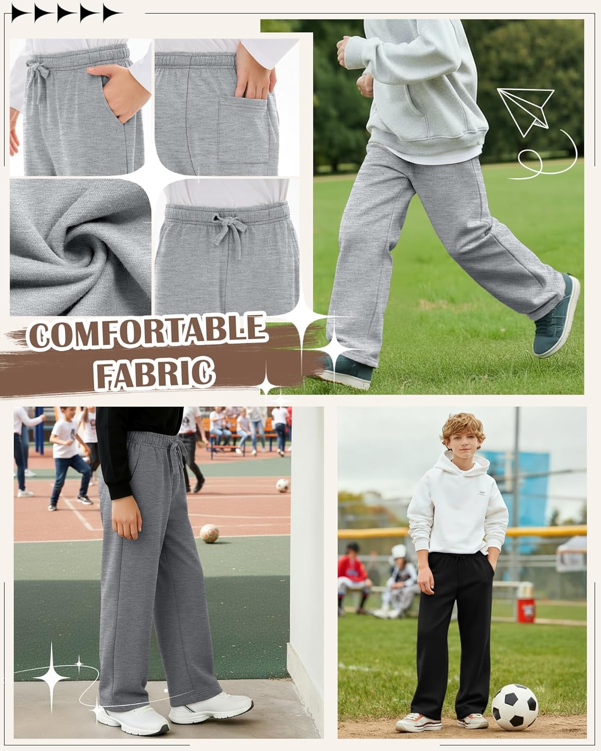 4 Pack Boys Sweatpants Straight Leg Open Bottom Athletic Joggers Lightweight Elastic Waist Pants with Pockets - Image 4