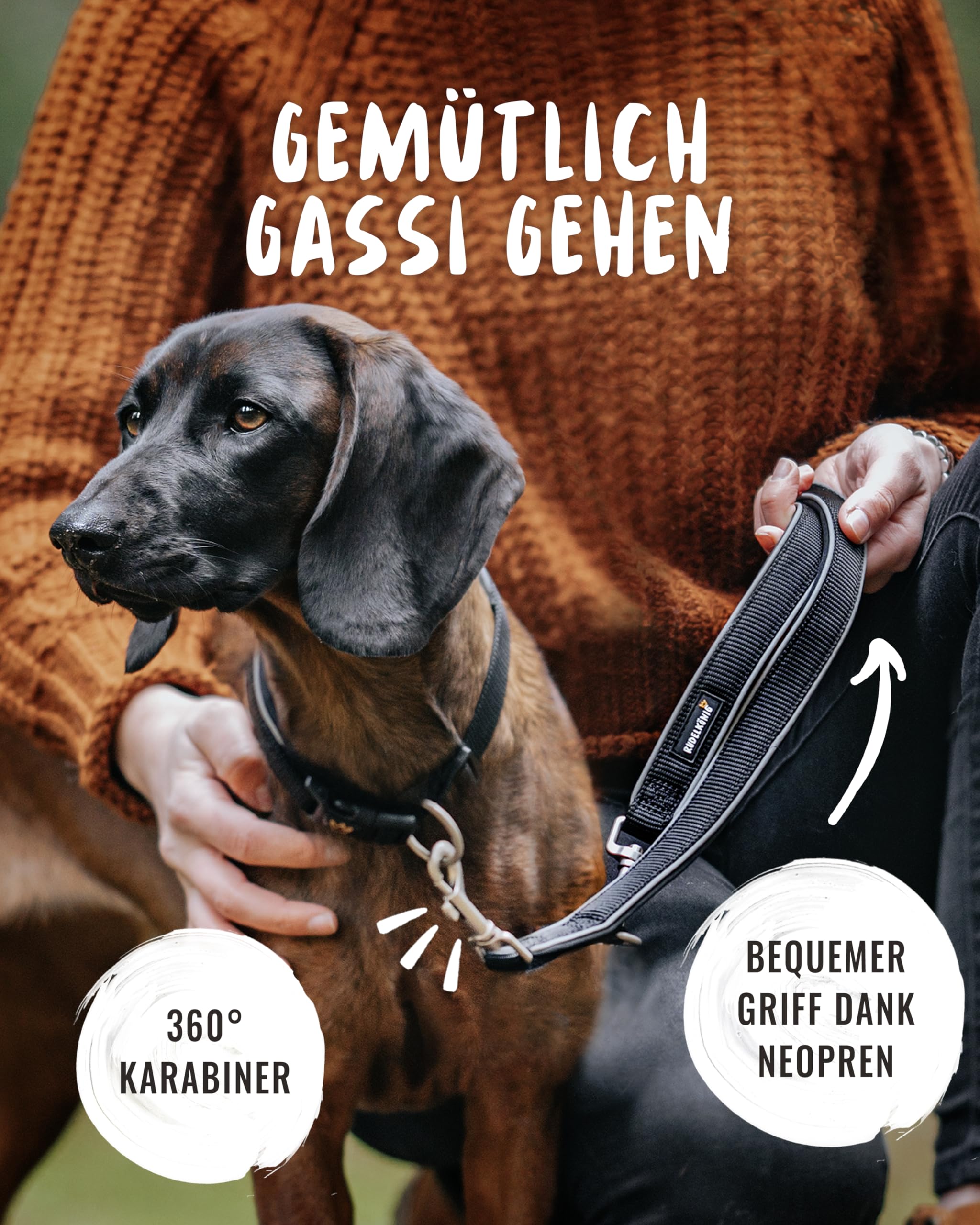 Rudelkönig Führleine Paola - 2,30m Länge - Verstellbare Hundeleine große & mittelgroße Hunde - Reflektierende Hunde Leine in schwarz