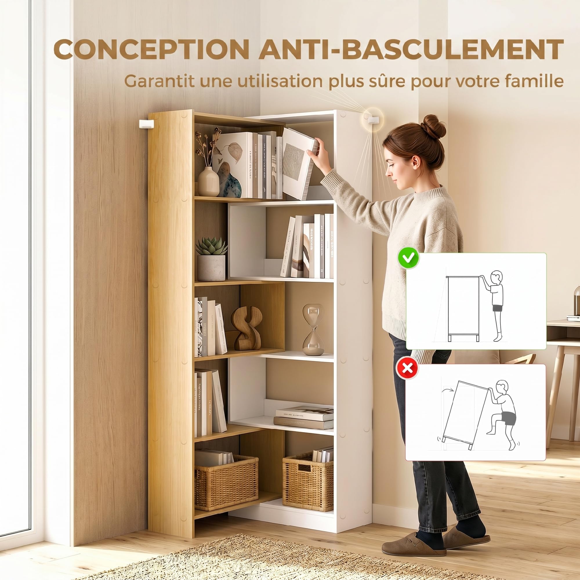 HOMCOM Bibliothèque d'angle rotative 350° à 5 Niveaux, étagère de Rangement Extensible en Forme L, 60-111x24x164cm, Style Moderne, Meuble de Rangement pour Salon, Bureau, Petit Espace, chêne et Blanc