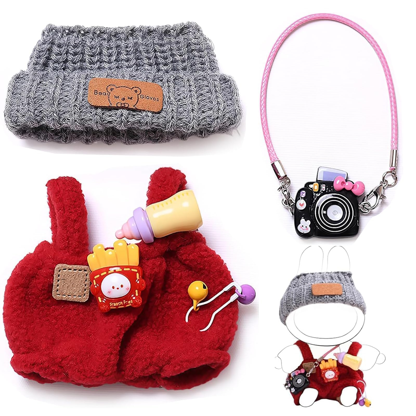 17cm Doll Clothes, 3 Piece Doll Outfit Set with Hat & Accessories, Clothing for 17 cm Doll Plush, Chic Style Set for Generations 1/2/3 Doll (Red)