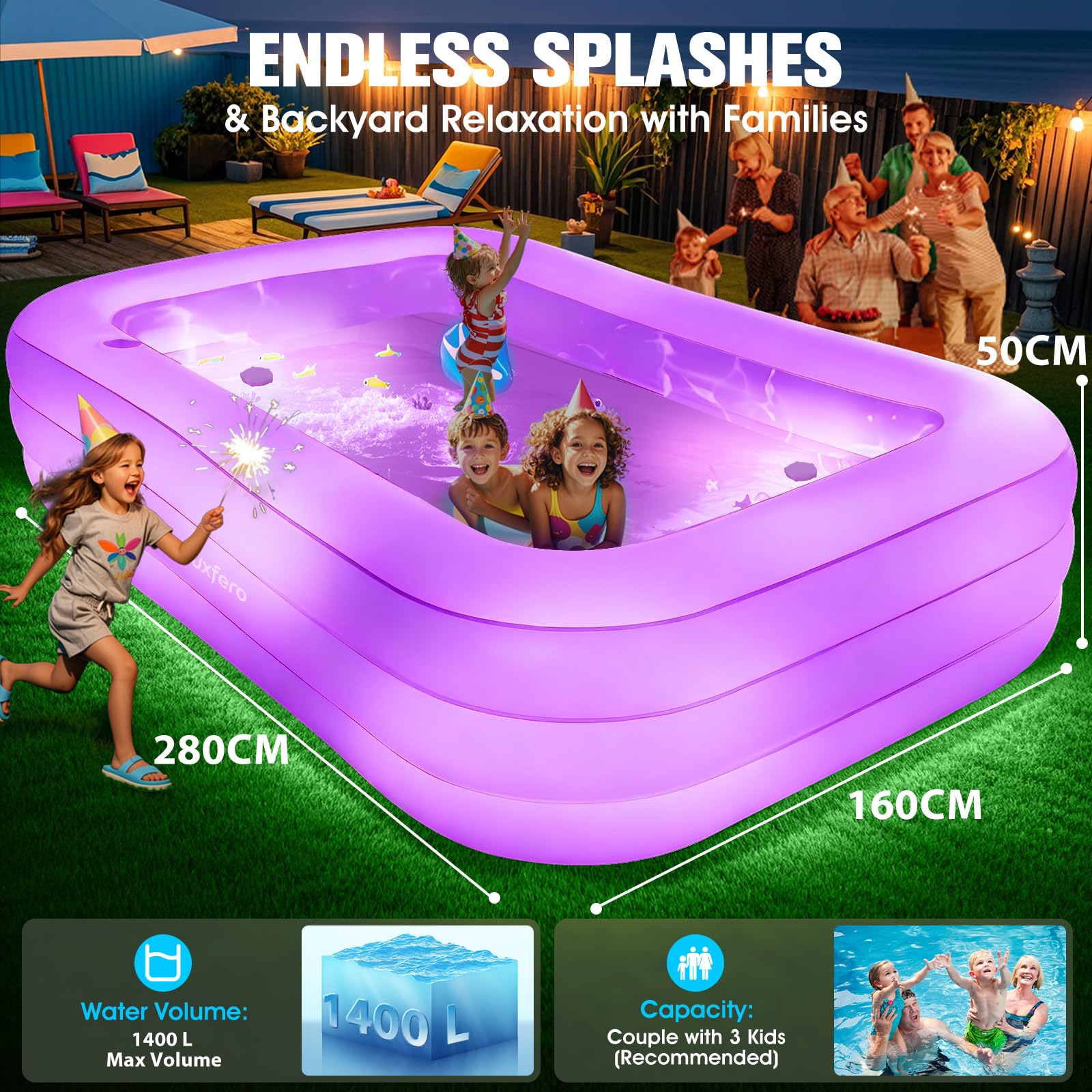 Luxfero Piscina Hinchable Grande con Asiento y Luces, 280x160x50 cm Piscina Inflable Adultos, 1400L Espesado Piscina Hinchables Rectangular, Piscina Hinchable Familiar para Jardin Adultos