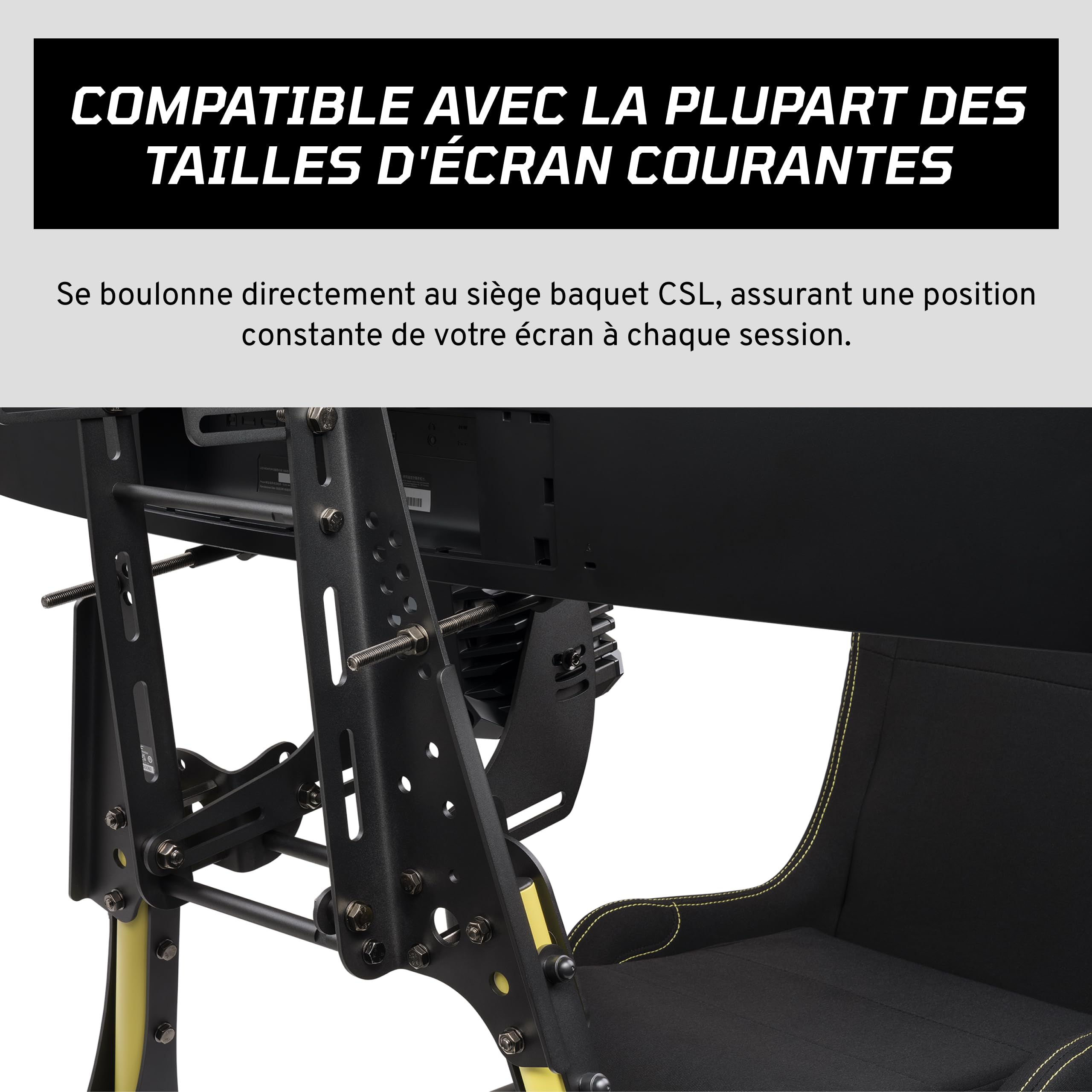 Fanatec CSL Support Pour écran du Cockpit – Solide et Sécurisée, Conçu spécialement pour le siège baquet CSL, Compatible avec une Large Gamme D’écrans, Supports Renforcés, Entièrement Réglable – Noir