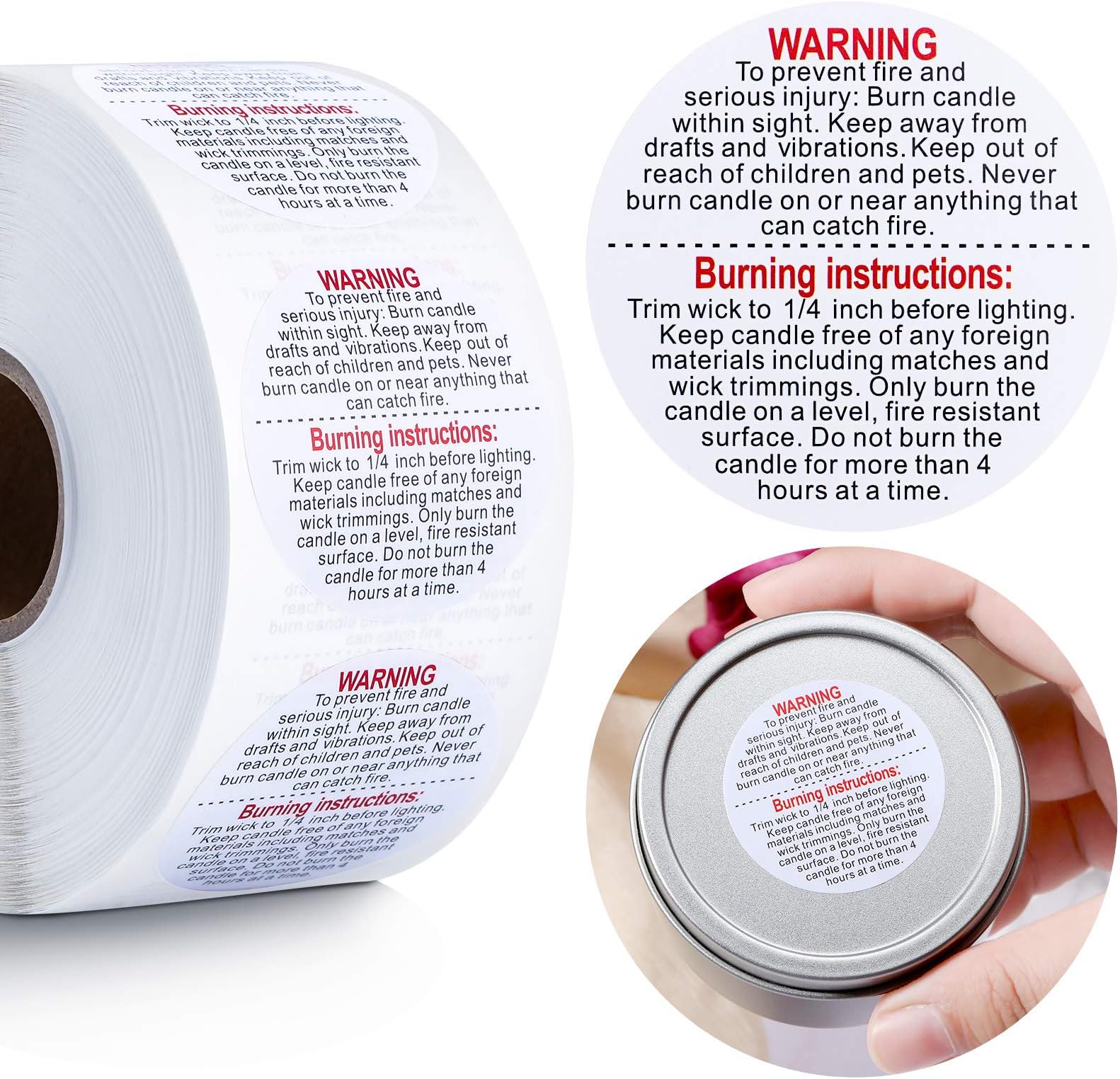 Zonon 1000 Pcs Candle Warning Labels, 1.5 Inch Waterproof and Oil-Proof Safety Stickers for Jars, Tins & Votive, Essential Candle Making Supplies for Small Business(White)