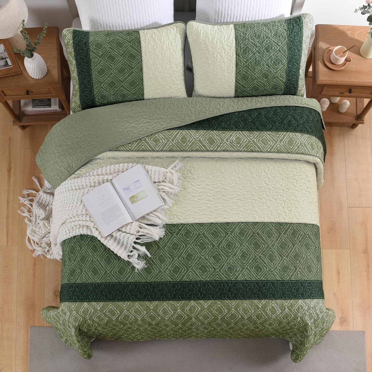 Green Quilt Set Queen Size,Boho Summer Bedspread Coverlet Set,Striped Plaid Bedding Set Soft Microfiber Bedding Set with 2 Pillow Shams 96"x90" - Image 6