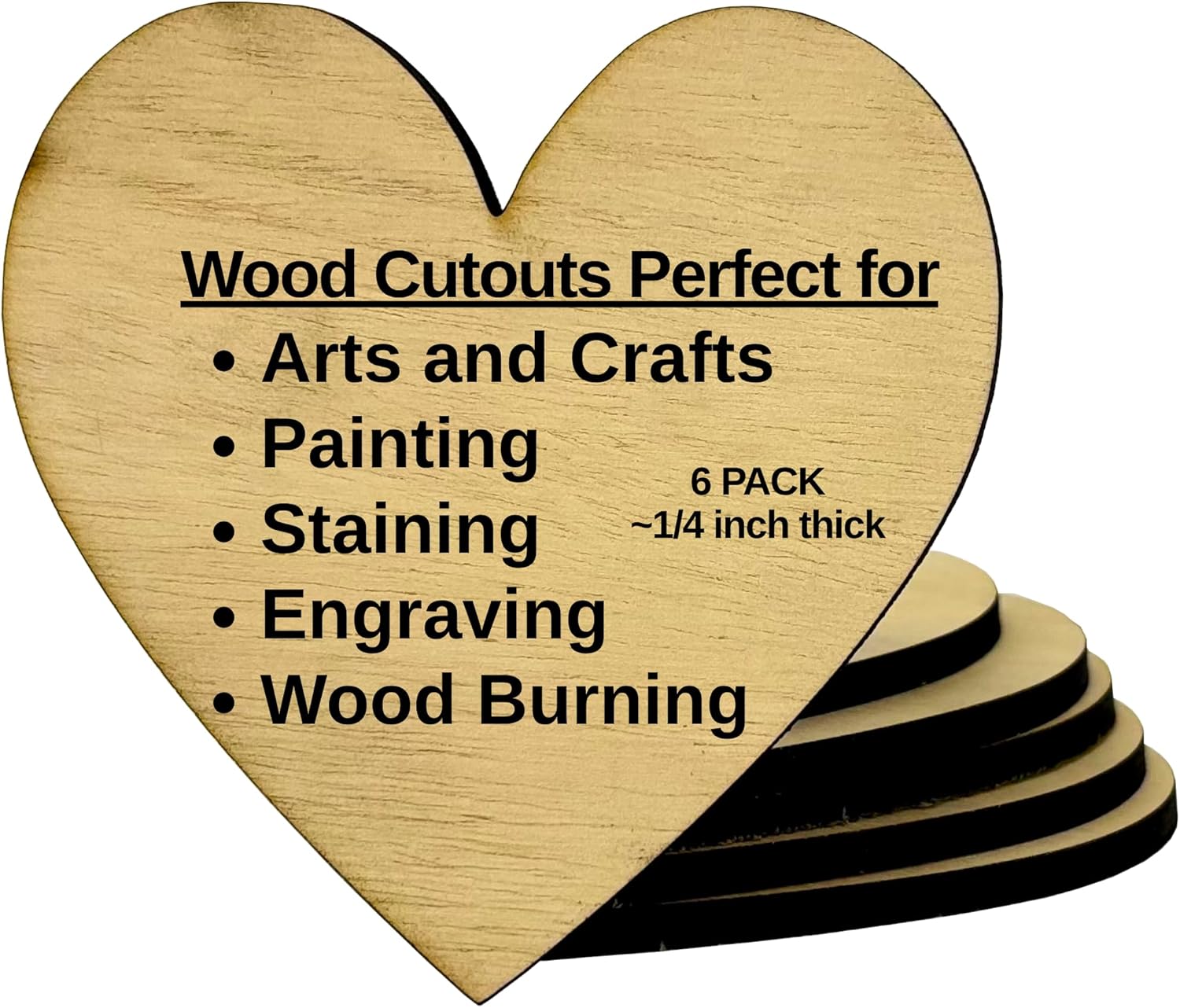 Heart Wood Cutouts Unfinished – Multiple Sizes, 6 Pack, ~1/4" Thick | Laser-Cut Craft Blanks for Painting, Staining, Engraving & Wood Burning | Made in USA (12x12 inch)