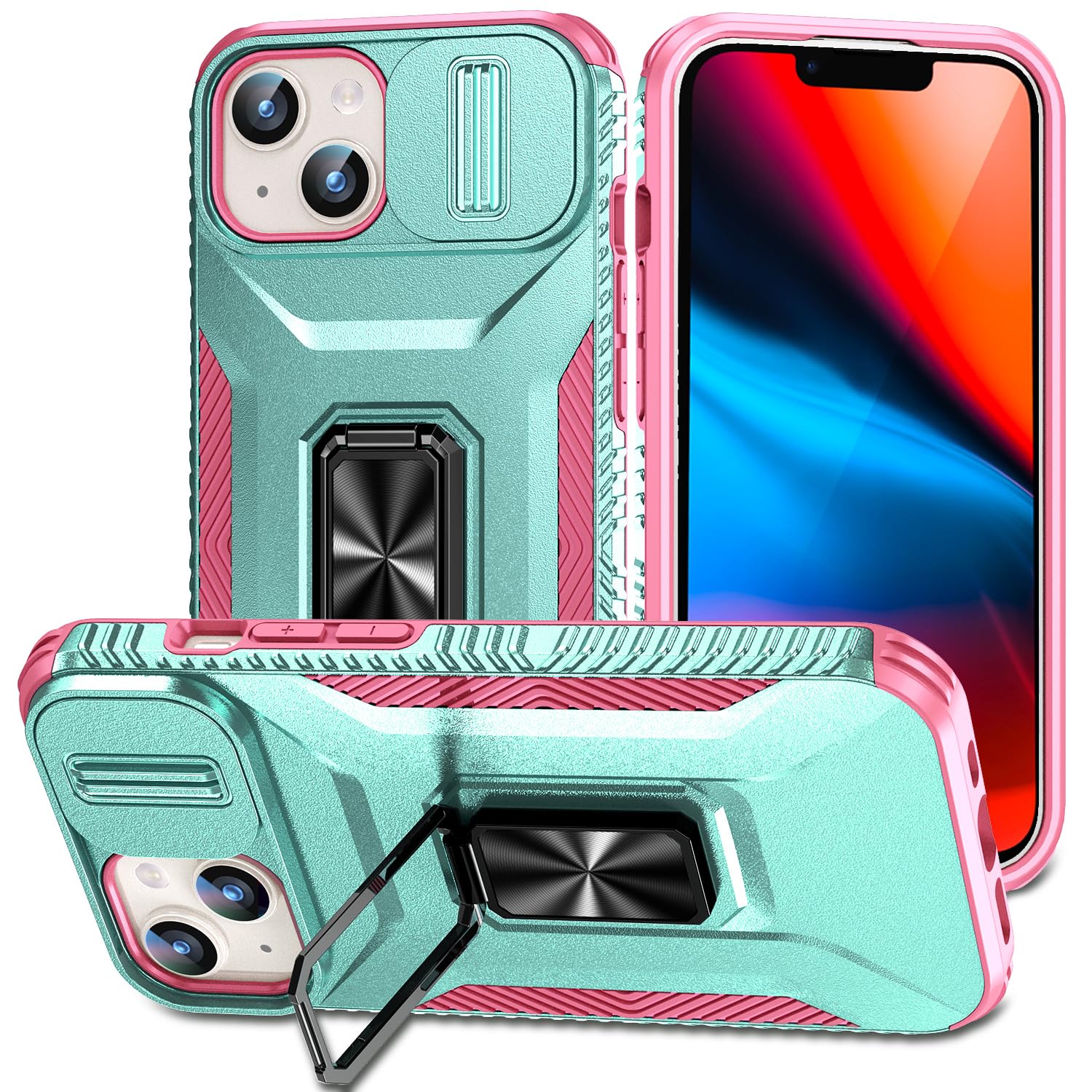 Hitaoyou iPhone 15 Case with Camera Cover & Kickstand - Military Grade Shockproof Heavy Duty Protective Case for iPhone 15 6.1