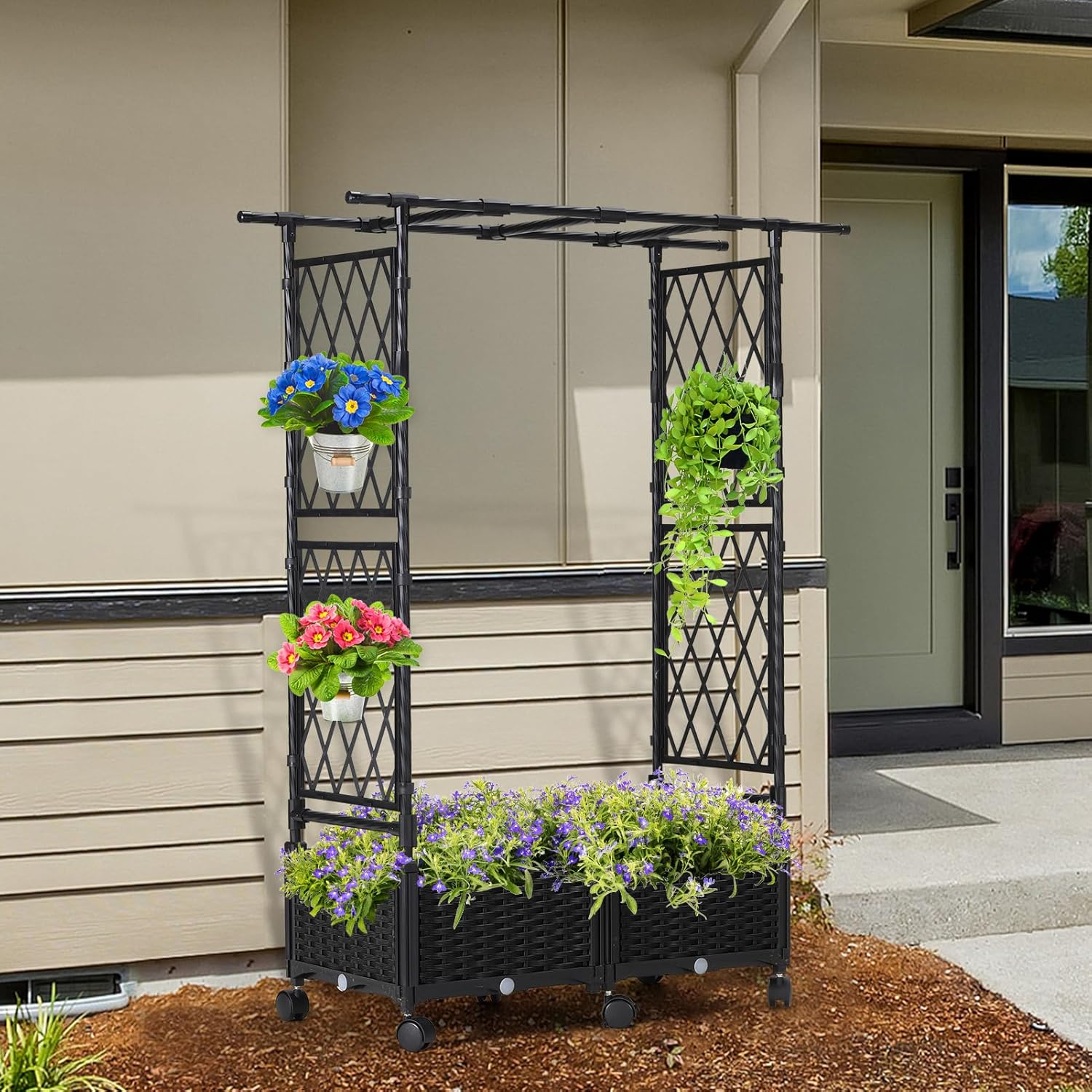 FOLLOOK Planter Box with Trellis Outdoor, 53.1in Plastic Raised Garden Bed with Trellis Hanging Roof for Vine Flower, with Lockable Wheels & Drain Plug for Patio Backyard Balcony, Black, 1 Pc