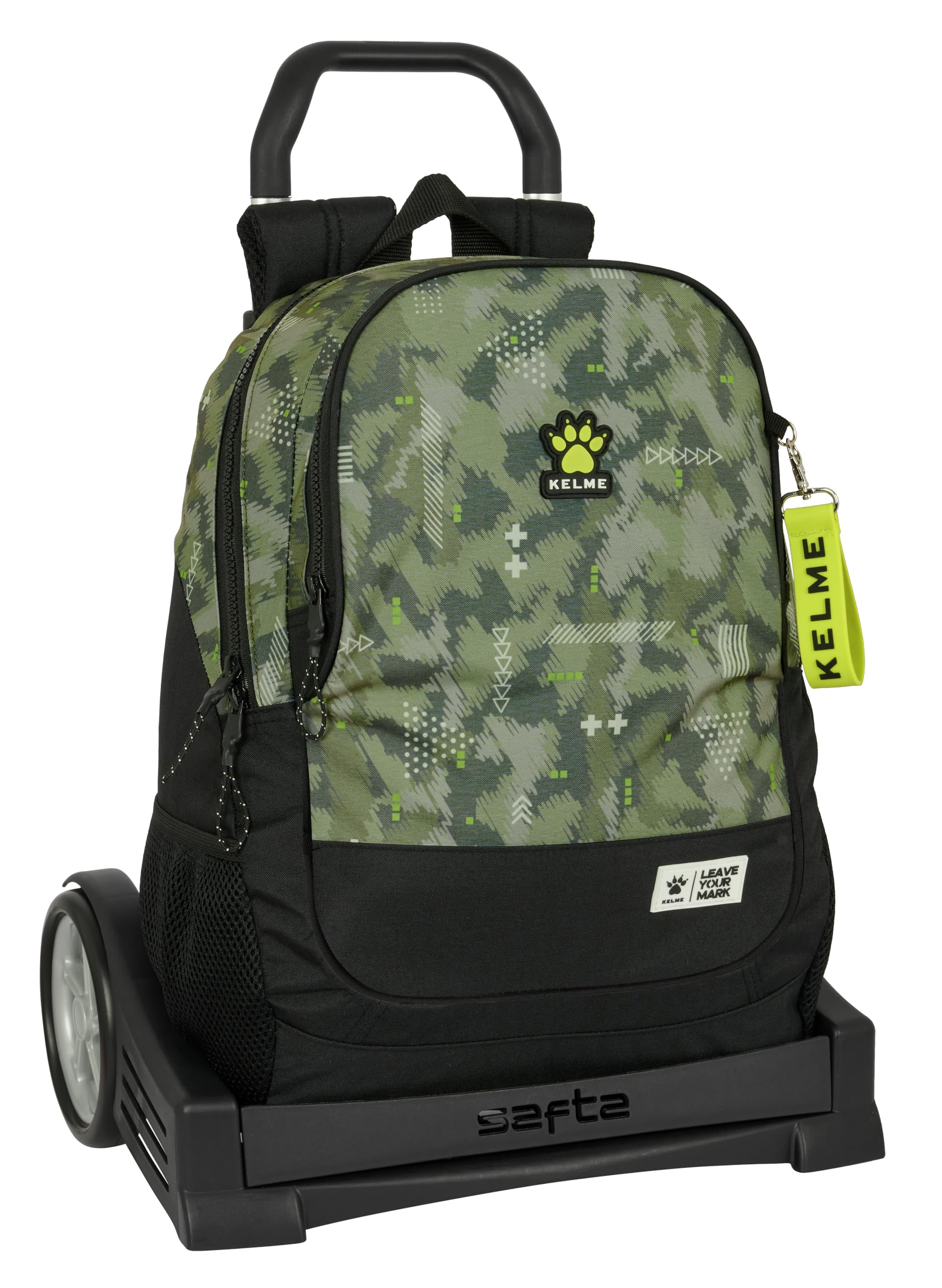 Safta KELME TRAVEL - Mochila Escolar, Espalda Ergonómica, con Carro Evolution, Ideal para Niños de Diferentes Edades, Cómoda y Versátil, Calidad y Resistencia, 32x16x44 cm, Color Verde/Negro