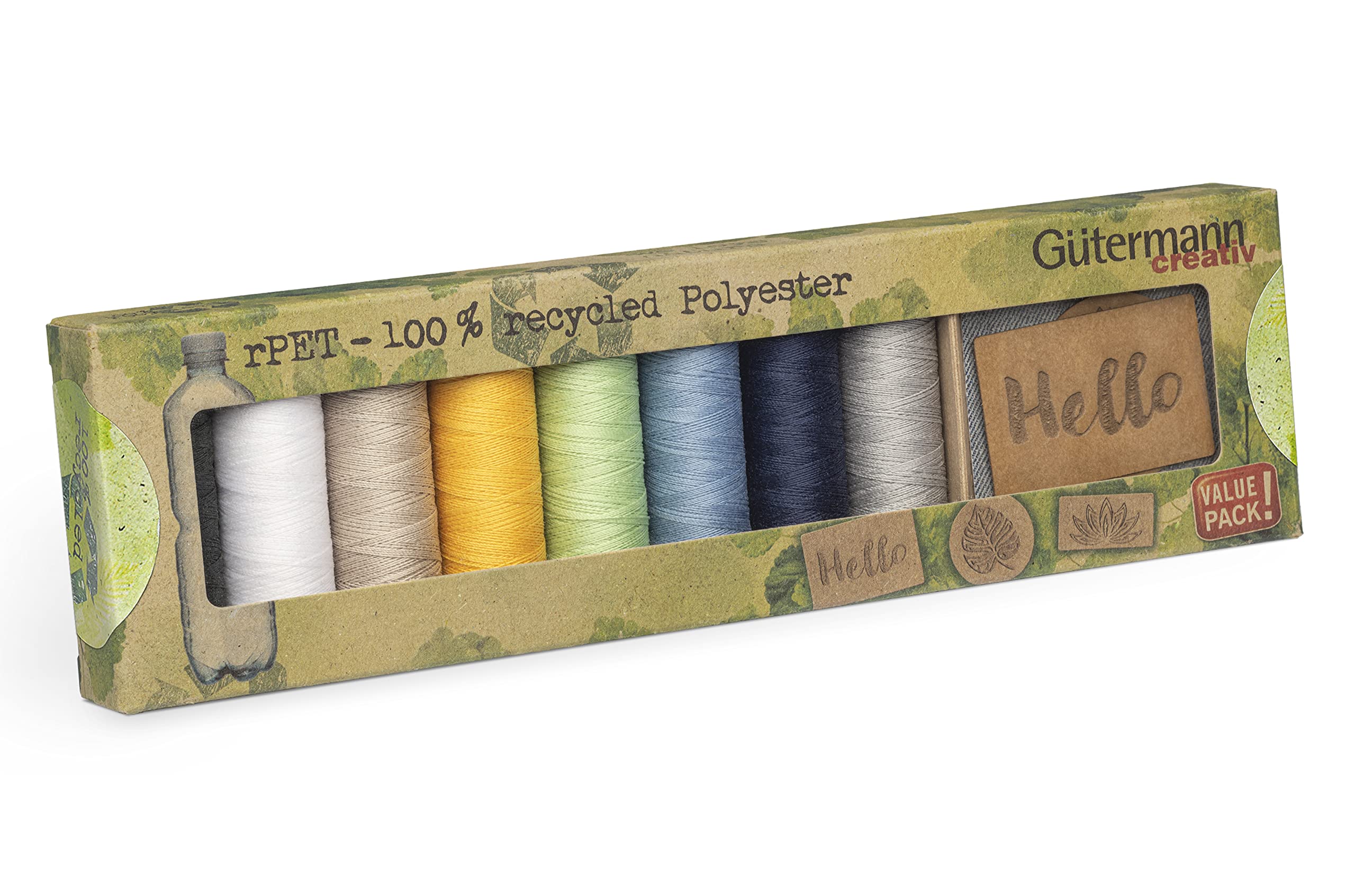 Gütermann Multicolour Creativ Sewing Thread Set Rpet With 8 Spools Sew-All Thread 100 M Made From 100% Recycled Polyester + 3 Dortex Labels. Florapap® – The Sustainable And Vegan Labels