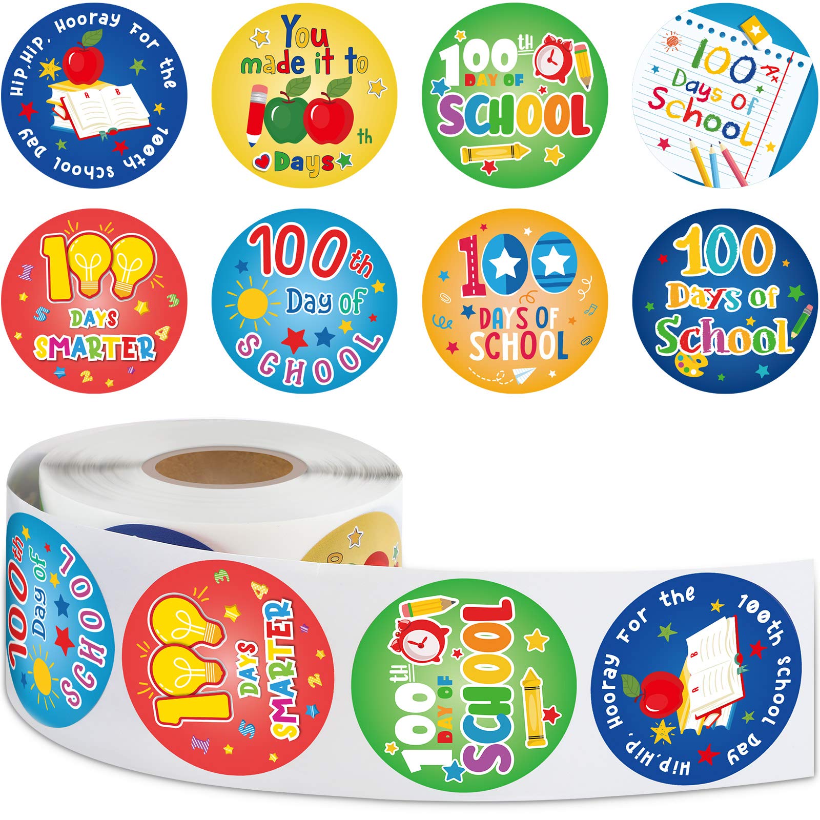 500 Pieces 100 Days of School Stickers Hooray 100 Days Sticker 100th Day Smarter Sticker School Teacher Incentive Sticker Perforated Line Sticker Roll for Kids Kindergarten School Party Decoration
