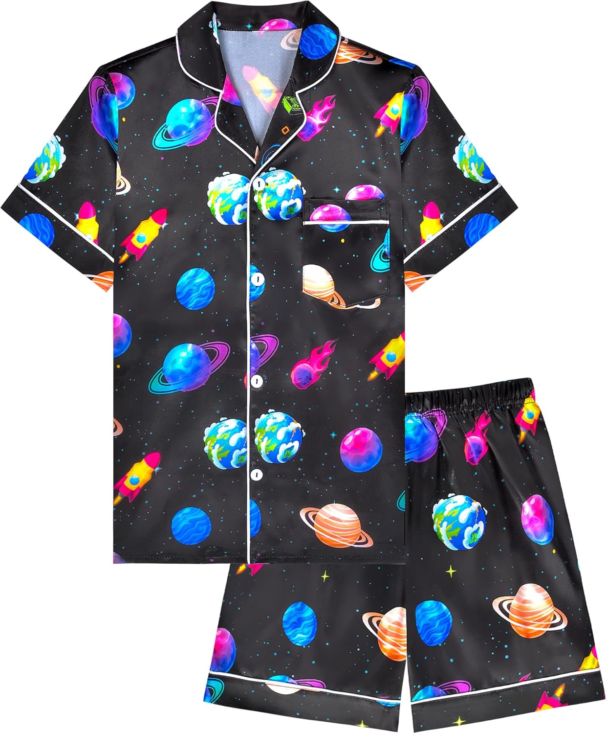 Fiodrimy Boys Pajamas Big Boys Satin PJS Set Summer Short Sleeve Button Down Kids Silky Pajama Lounge Sleepwear Size 8-14